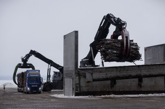 Reach stackers offload timber at the pulp mill. The pulp made in the factory is then sold to customers who turn it into paper products.