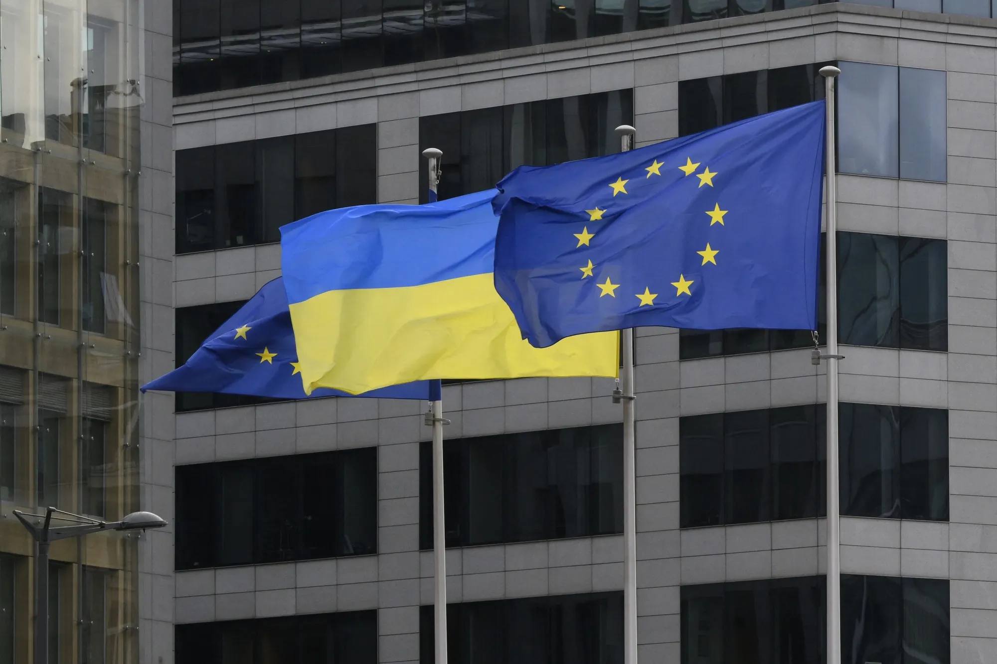 The European and Ukrainian flags.
