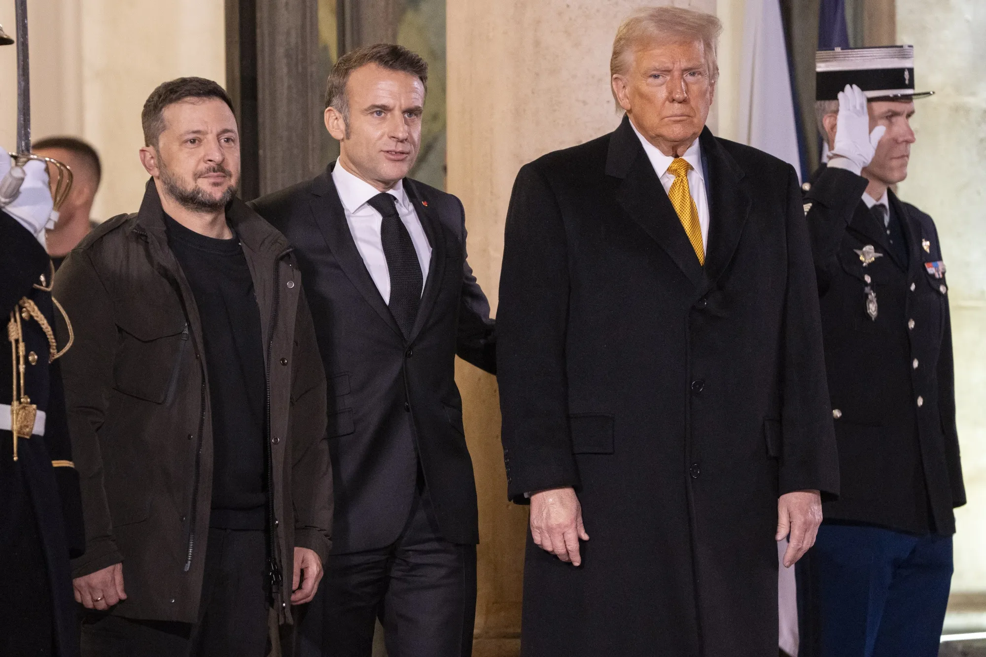 Volodymyr Zelenskiy, Ukraine's president, from left, Emmanuel Macron, France's president, and US President-elect Donald Trump&nbsp;in Paris&nbsp;on&nbsp;Dec. 7, 2024.&nbsp;