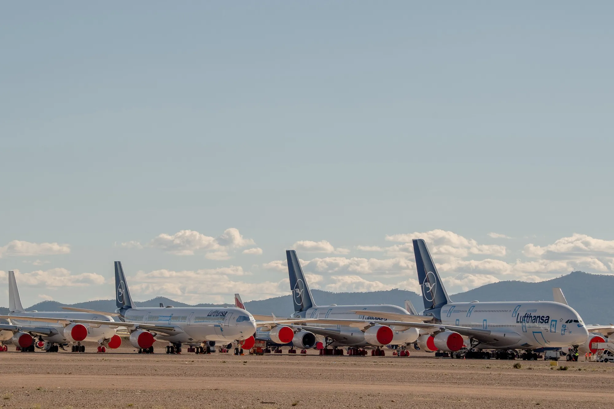 A mothballed Lufthansa A340-600 aircraft, left, at Teruel airport in&nbsp;Spain.