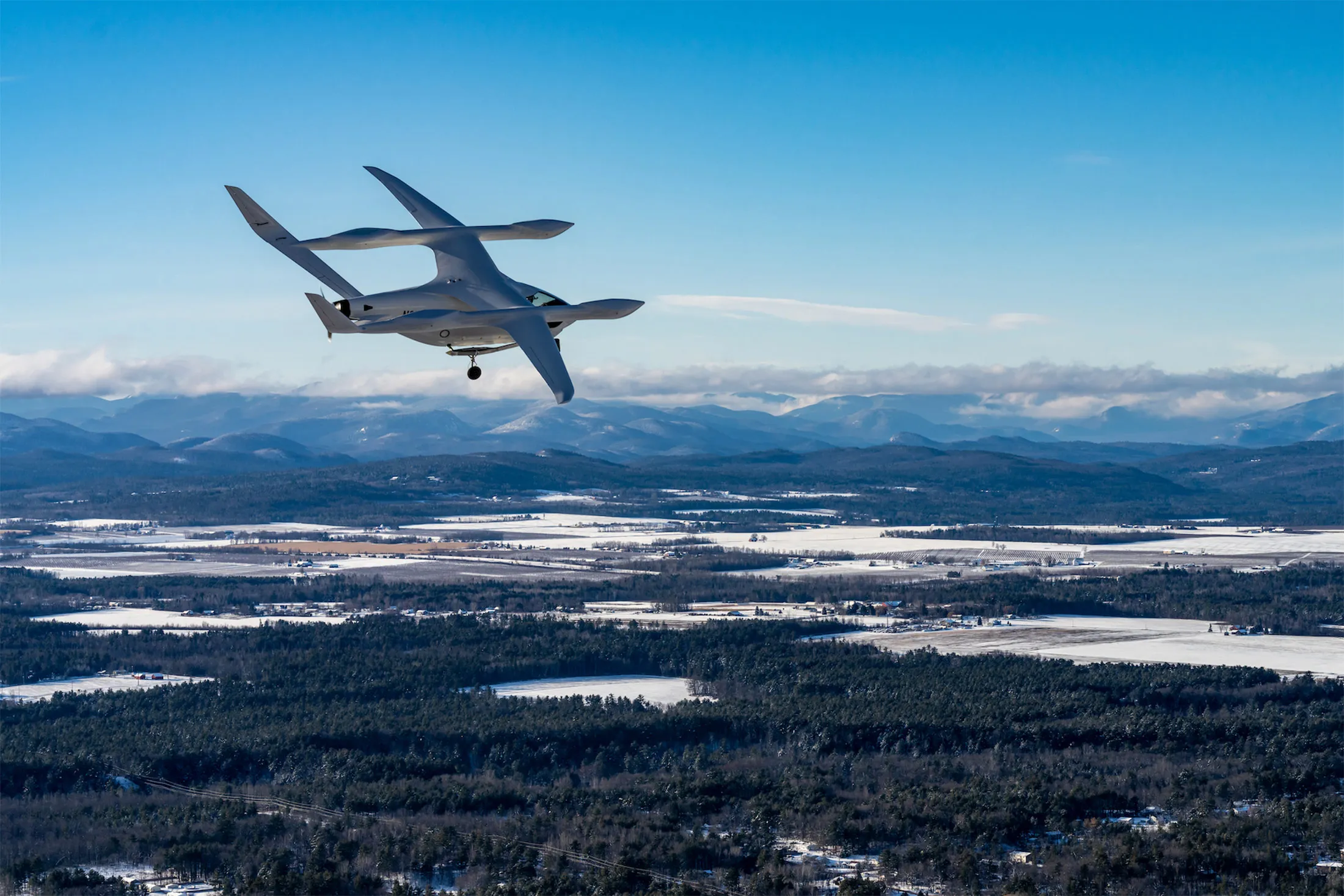 Beta Technologies’ ALIA aircraft takes to the skies near the company’s South Burlington, Vermont, headquarters for a recent test flight.