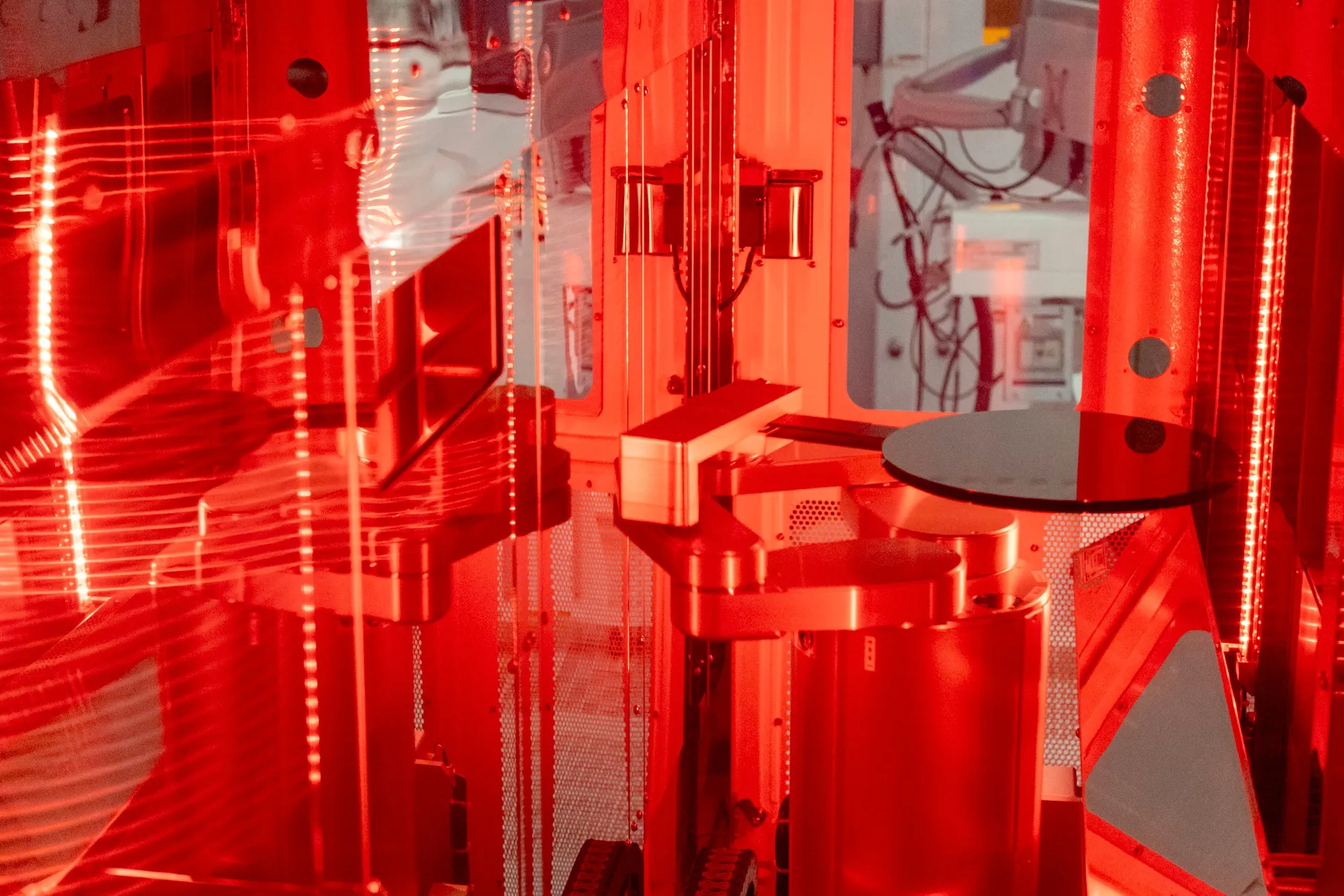 A stacker sorts silicon wafers.