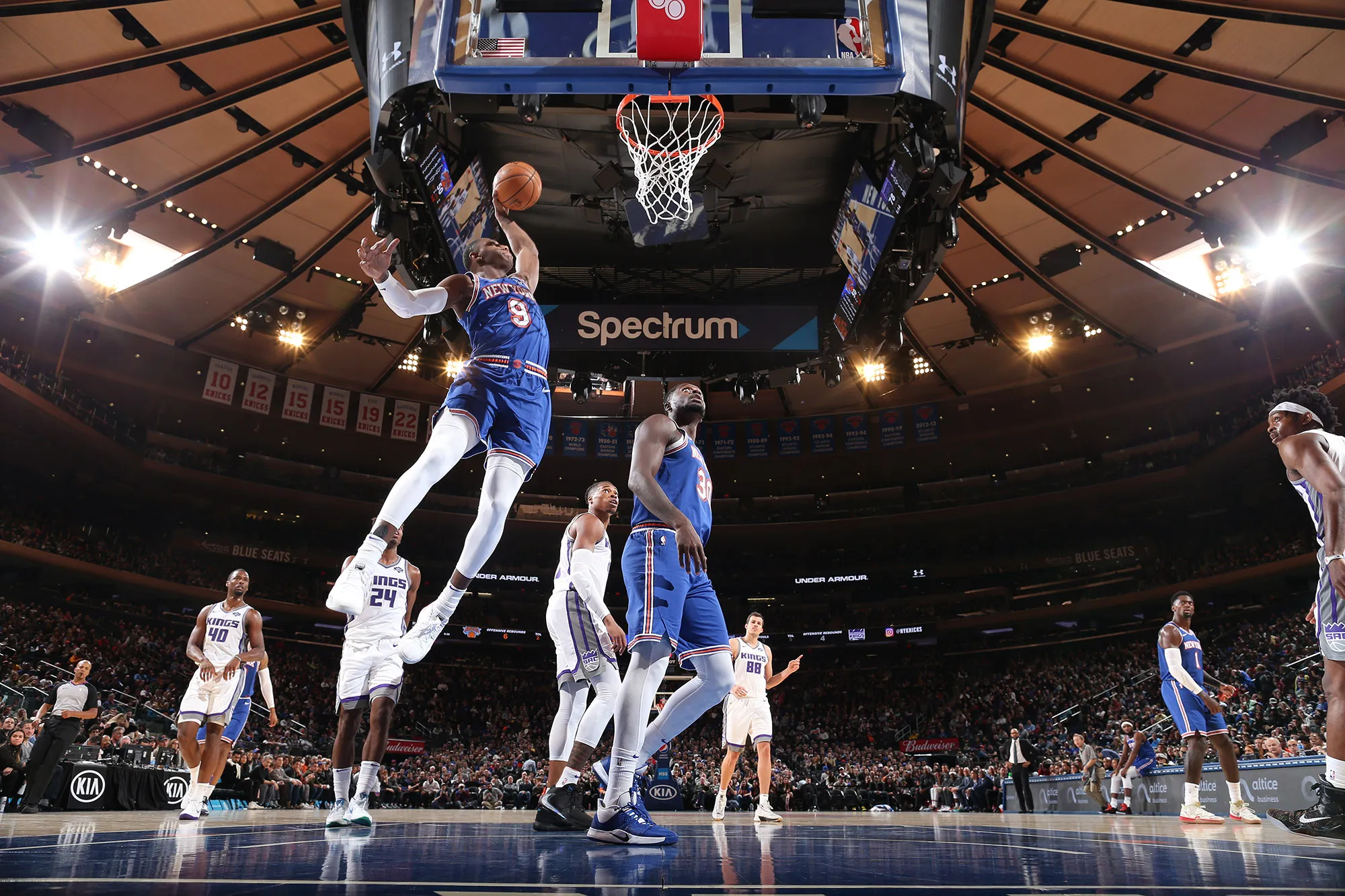 RJ Barrett of the New York Knicks dunks the ball against the Sacramento Kings at Madison Square Garden in New York City on Nov. 3.&nbsp;