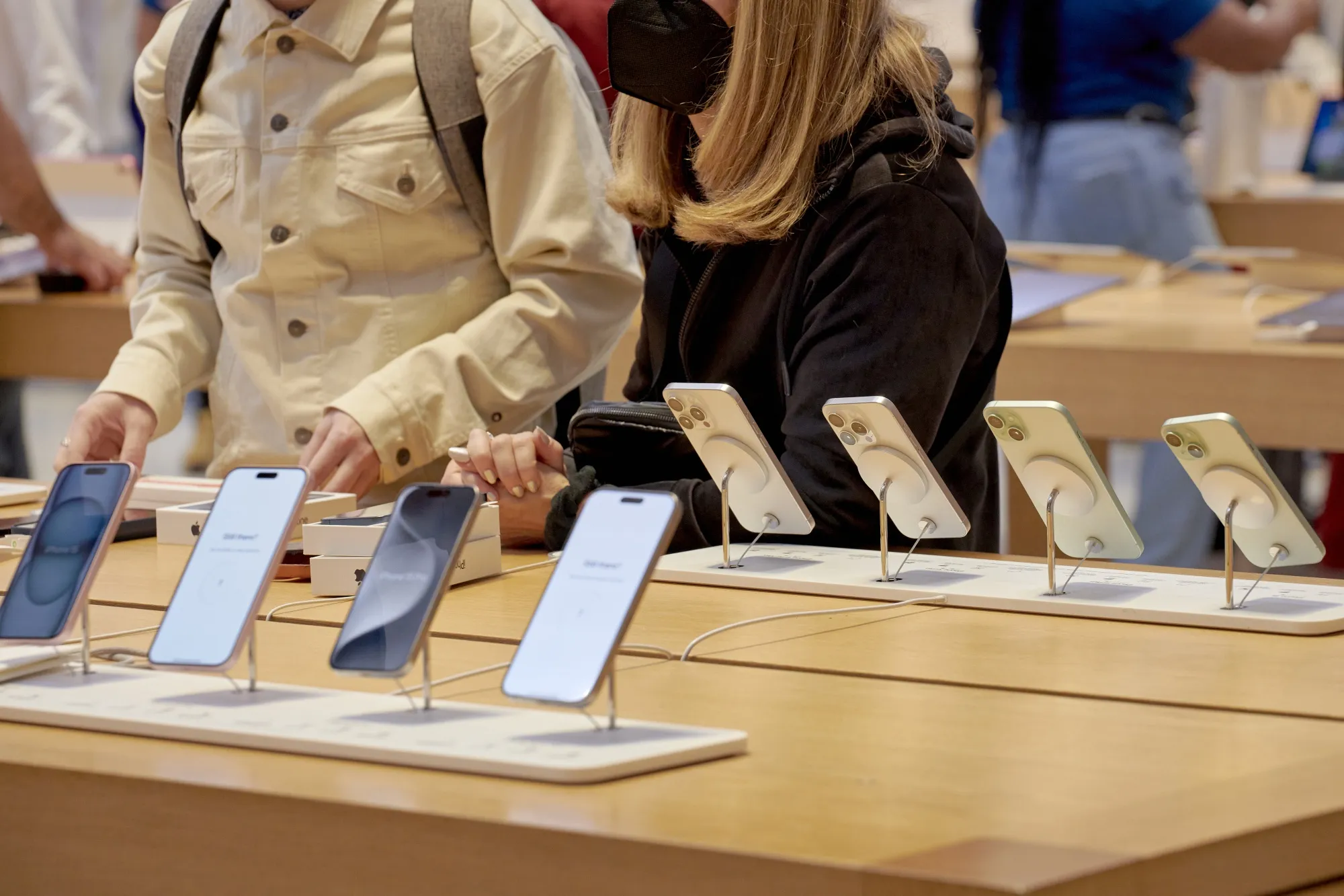 Apple iPhone 15 smartphones on sale at the company's Fifth Avenue store in New York.
