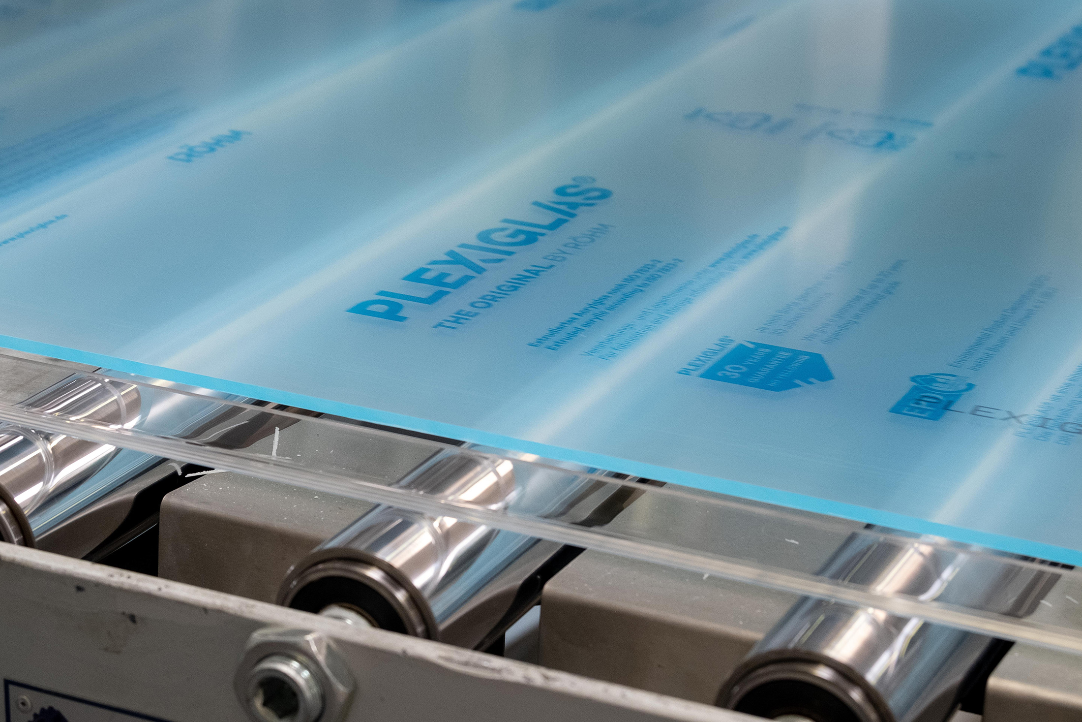 A sheet of Plexiglas at Röhm’s production facility in Weiterstadt, Germany.