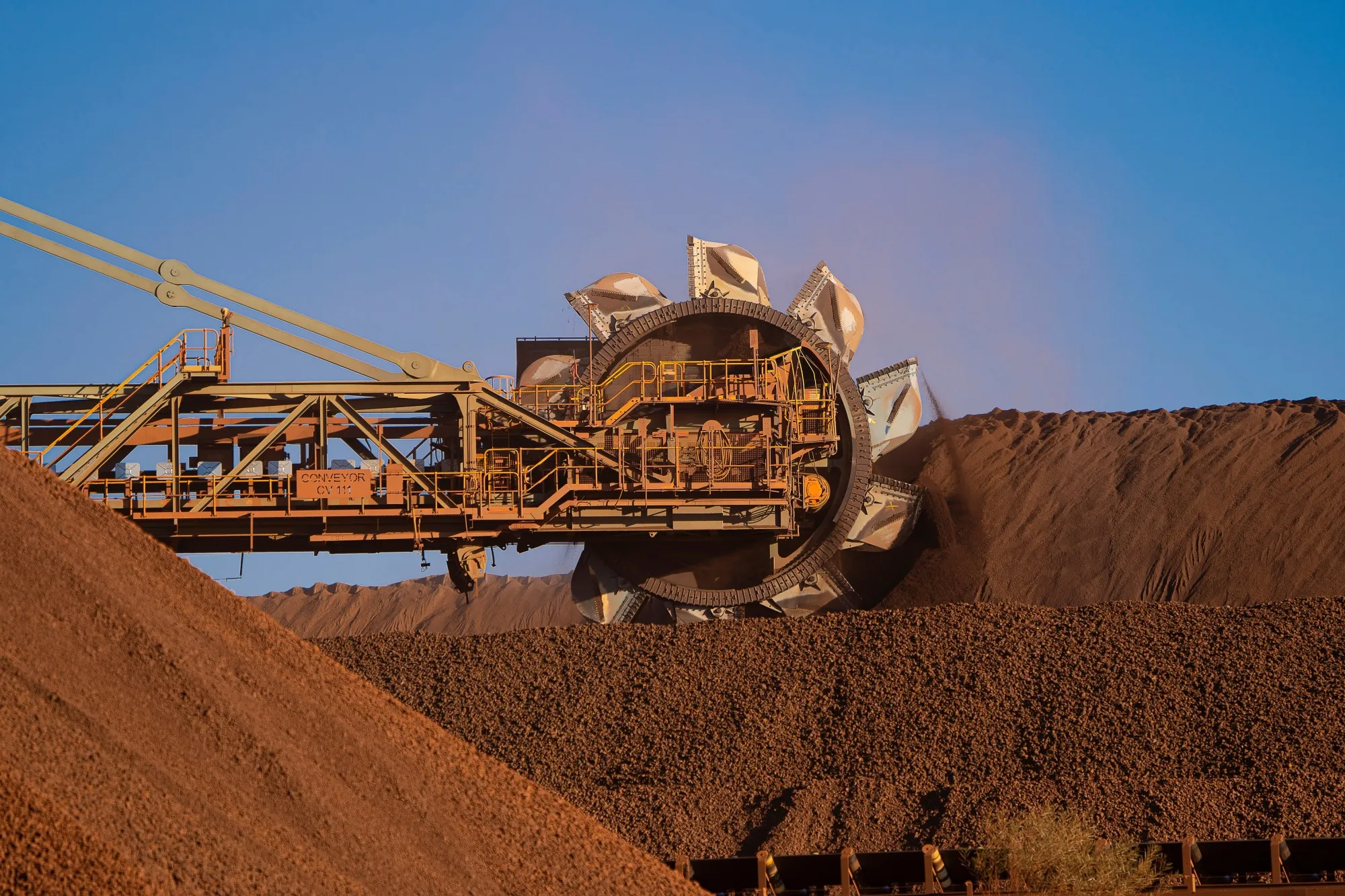 Mining operations at the BHP Jimblebar, Western Australia Iron Ore mine.
