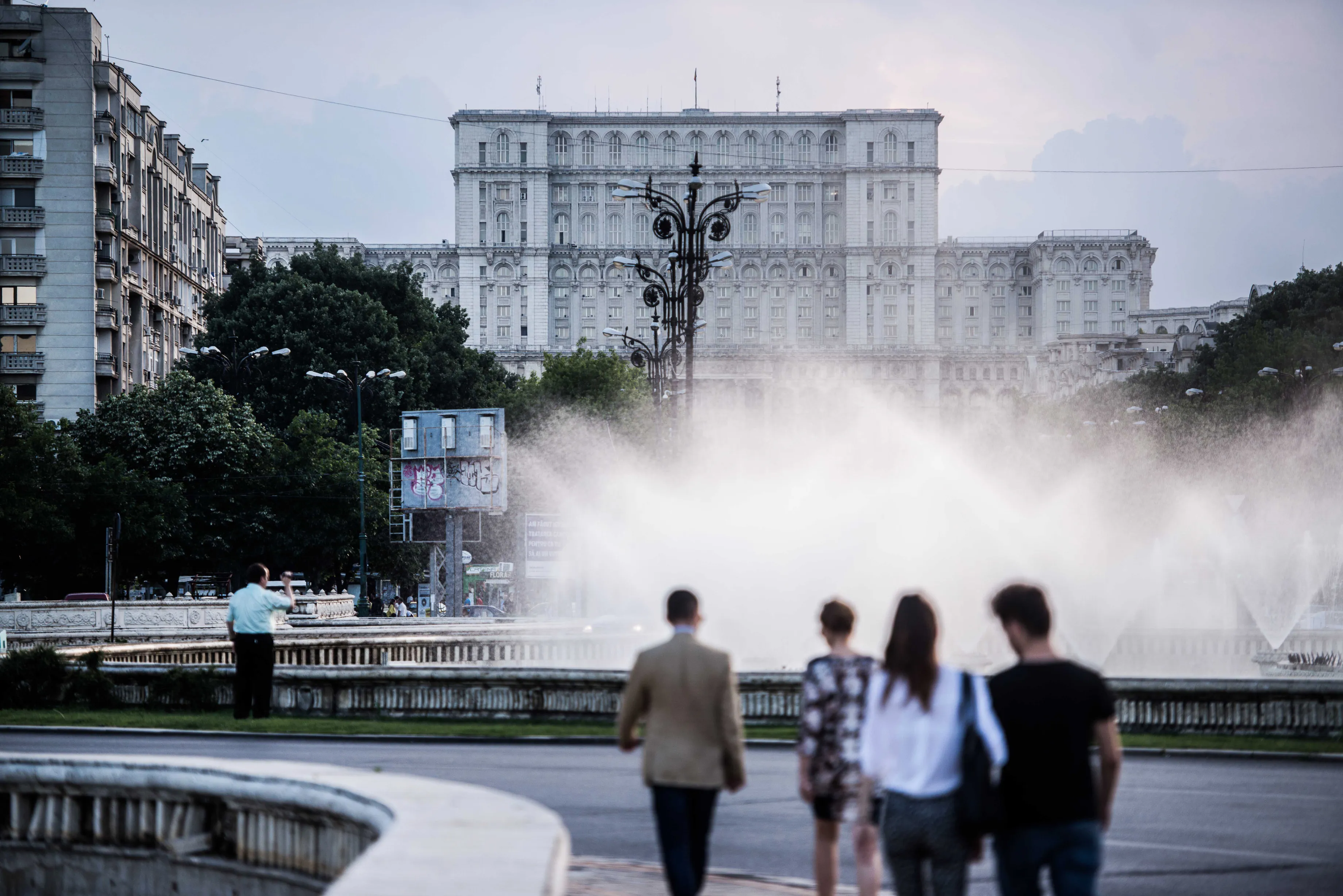 Romanian parliament building stands in the background in Bucharest, Romania.