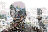 double exposure of man and cityscape