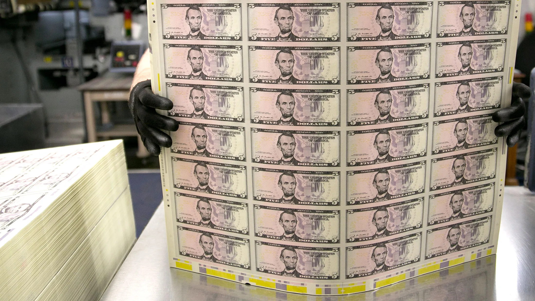 U.S. bills at the Bureau of Engraving and Printing in Washington, D.C.
