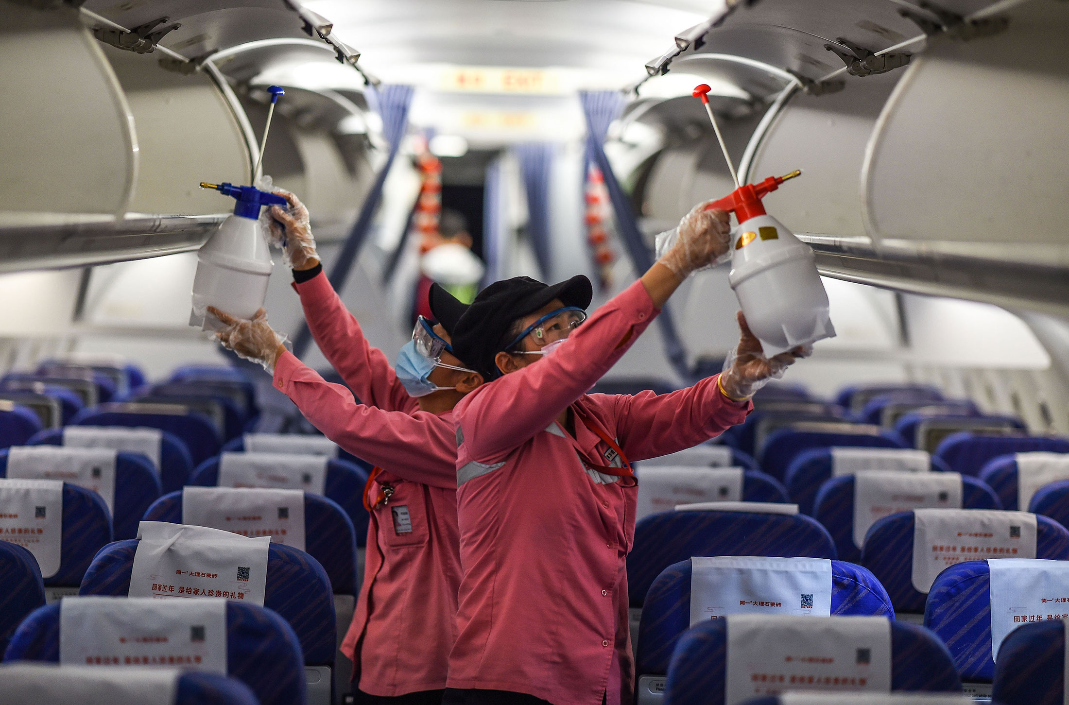 Disinfecting an airplane cabin at the Haikou Meilan Airport in China’s Hainan province on Jan. 31.