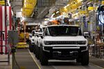 GMC Hummer electric vehicles on the production line at General Motors' Factory ZERO all-electric vehicle assembly plant in Detroit, Michigan.