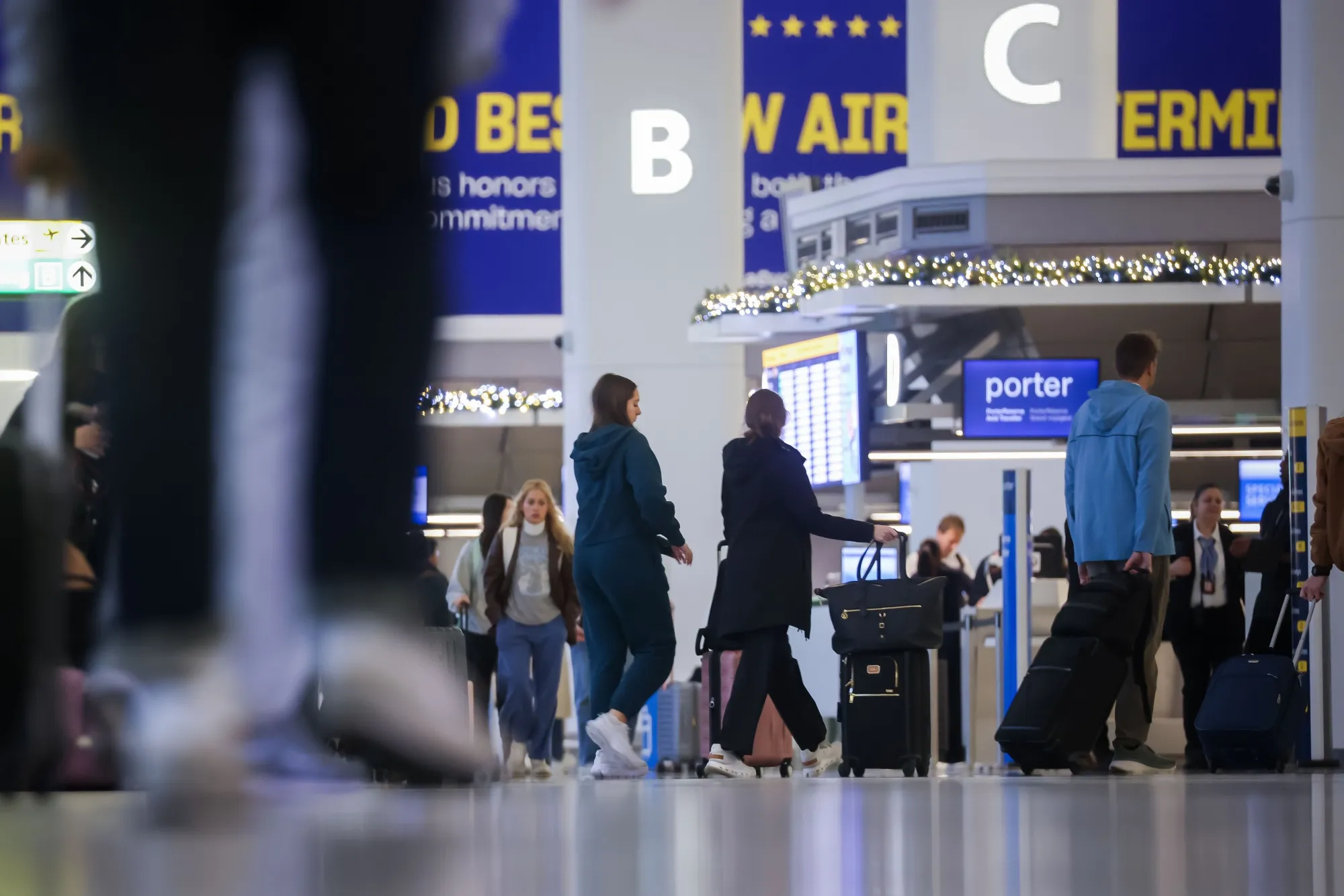 Travelers at&nbsp;at LaGuardia Airport in the Queens borough of New York, US.