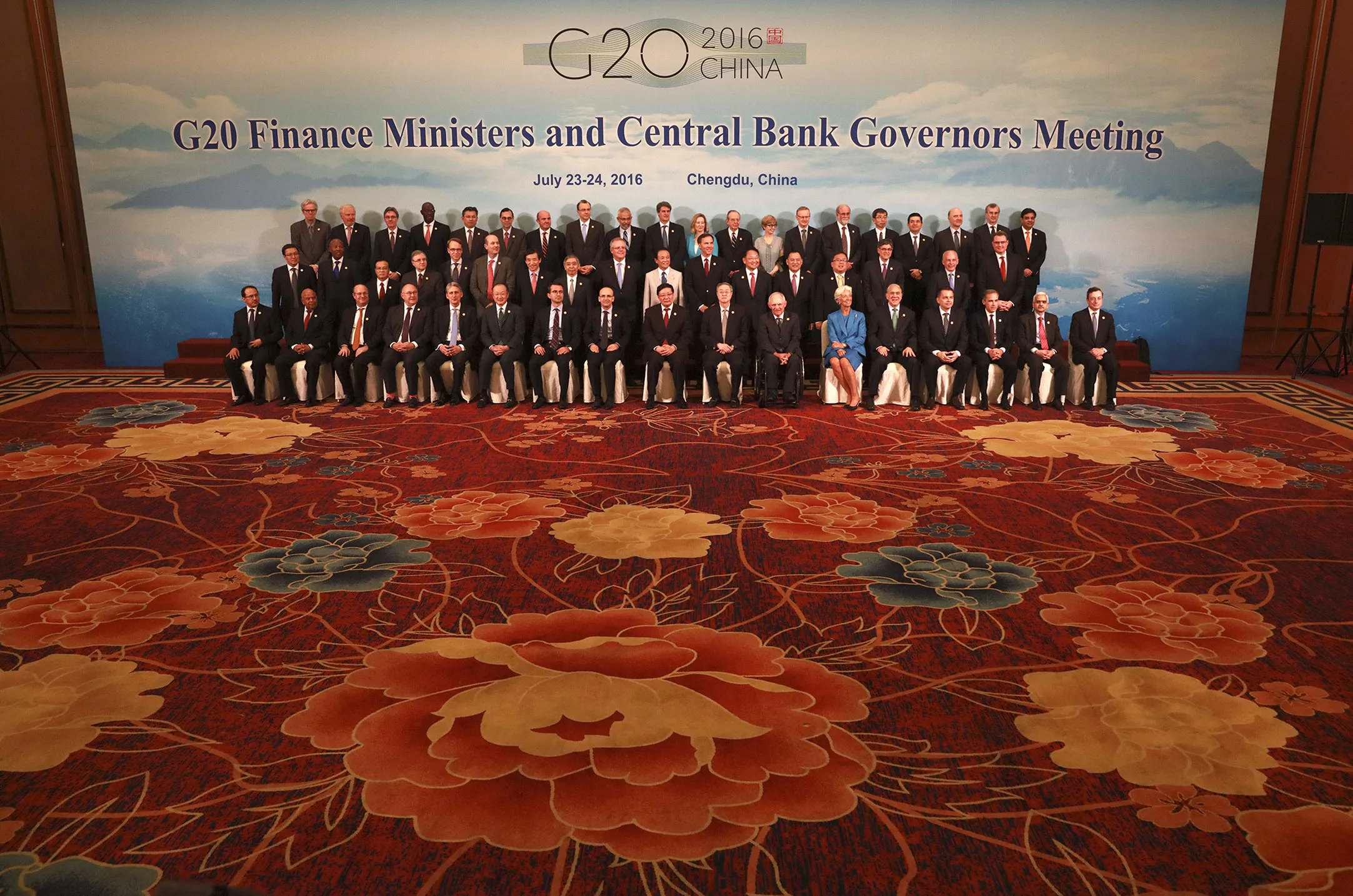 G20 Finance Ministers and Central Bank Governors pose for a group photo during a conference held in Chengdu in Southwestern China's Sichuan province, on July 24, 2016.
