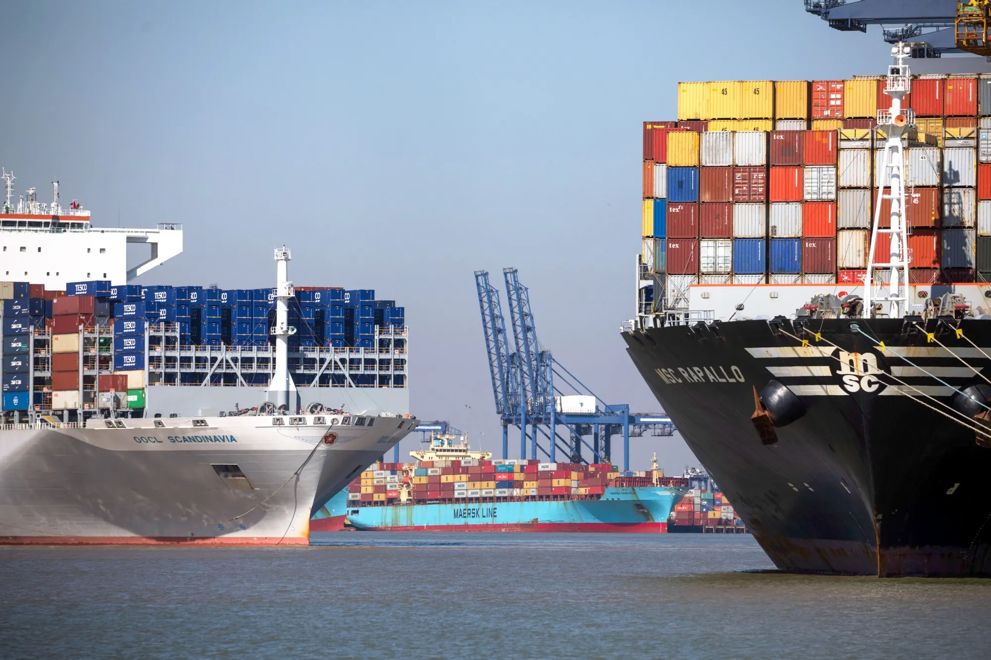 Container ships at the Port of Felixstowe in Felixstowe, UK.