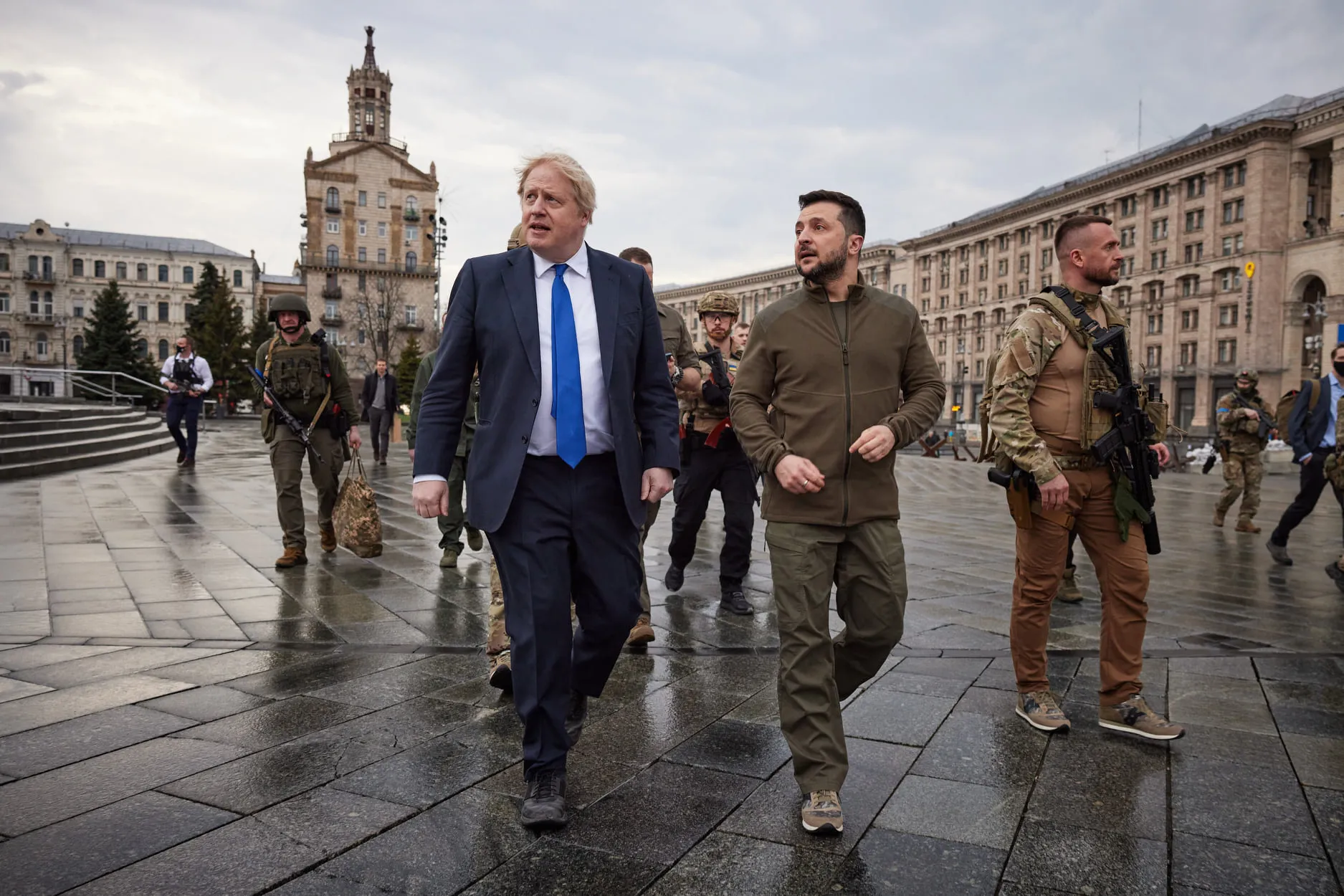 Boris Johnson, left, walks with Volodymyr Zelenskiy in Kyiv, on April 9.