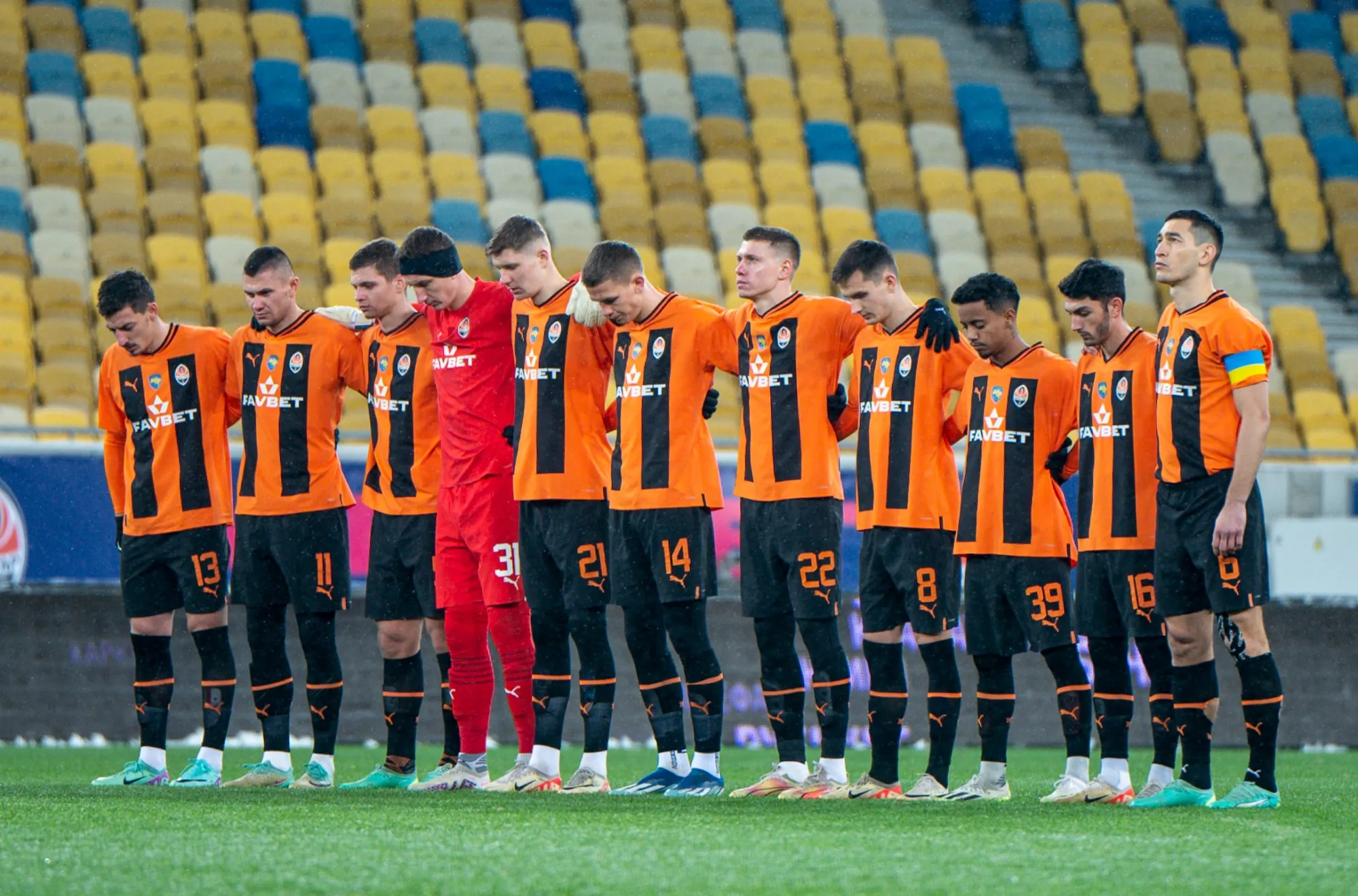 Players of FC Shakhtar Donetsk line up before a game against FC Metalist 1925 Kharkiv at the Arena Lviv on Dec. 3.