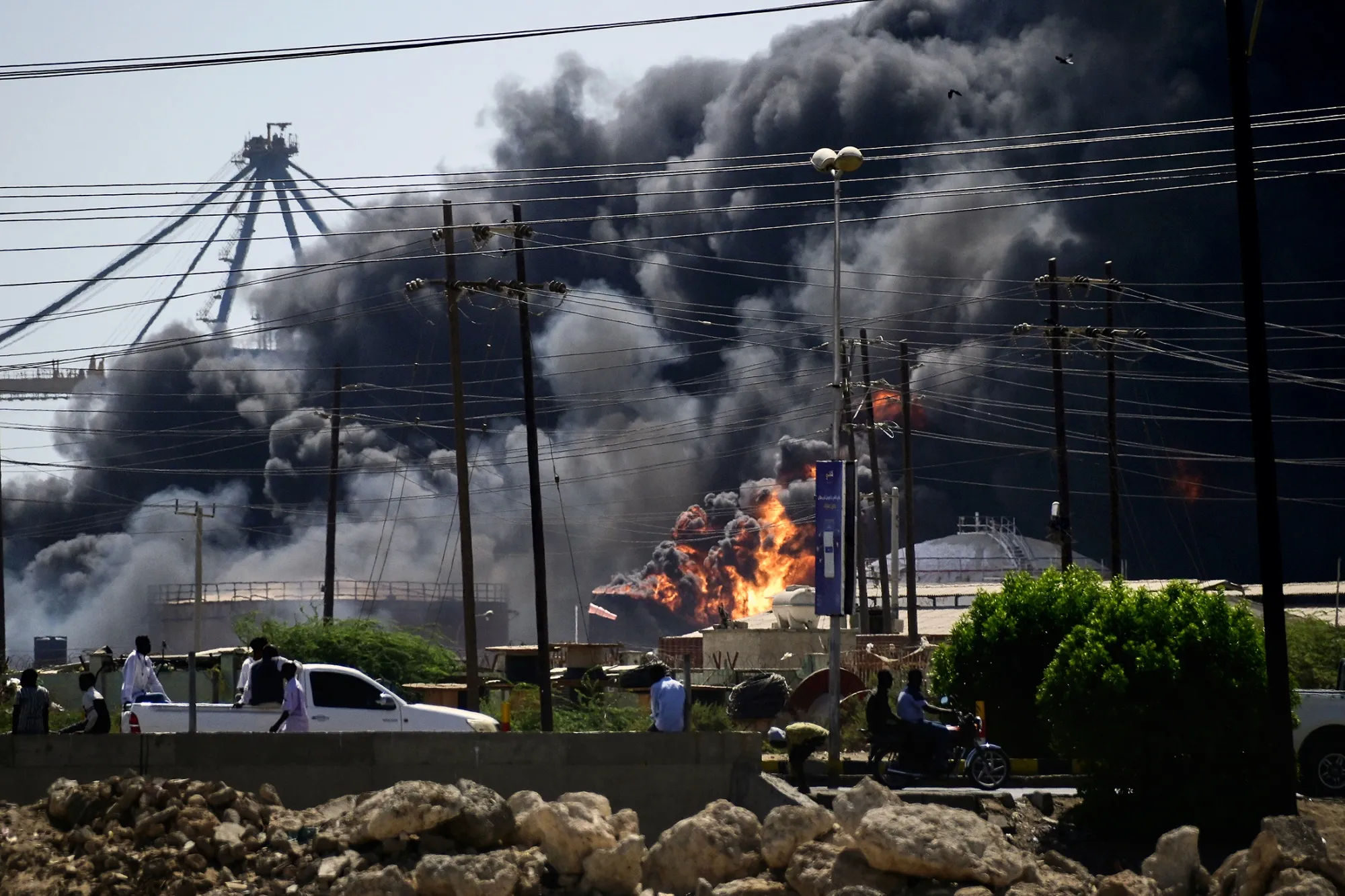 A fire burns following&nbsp;drone strikes by the paramilitary Rapid Support Forces&nbsp;on Port Sudan on May 6.
Photographer: AP Photo
