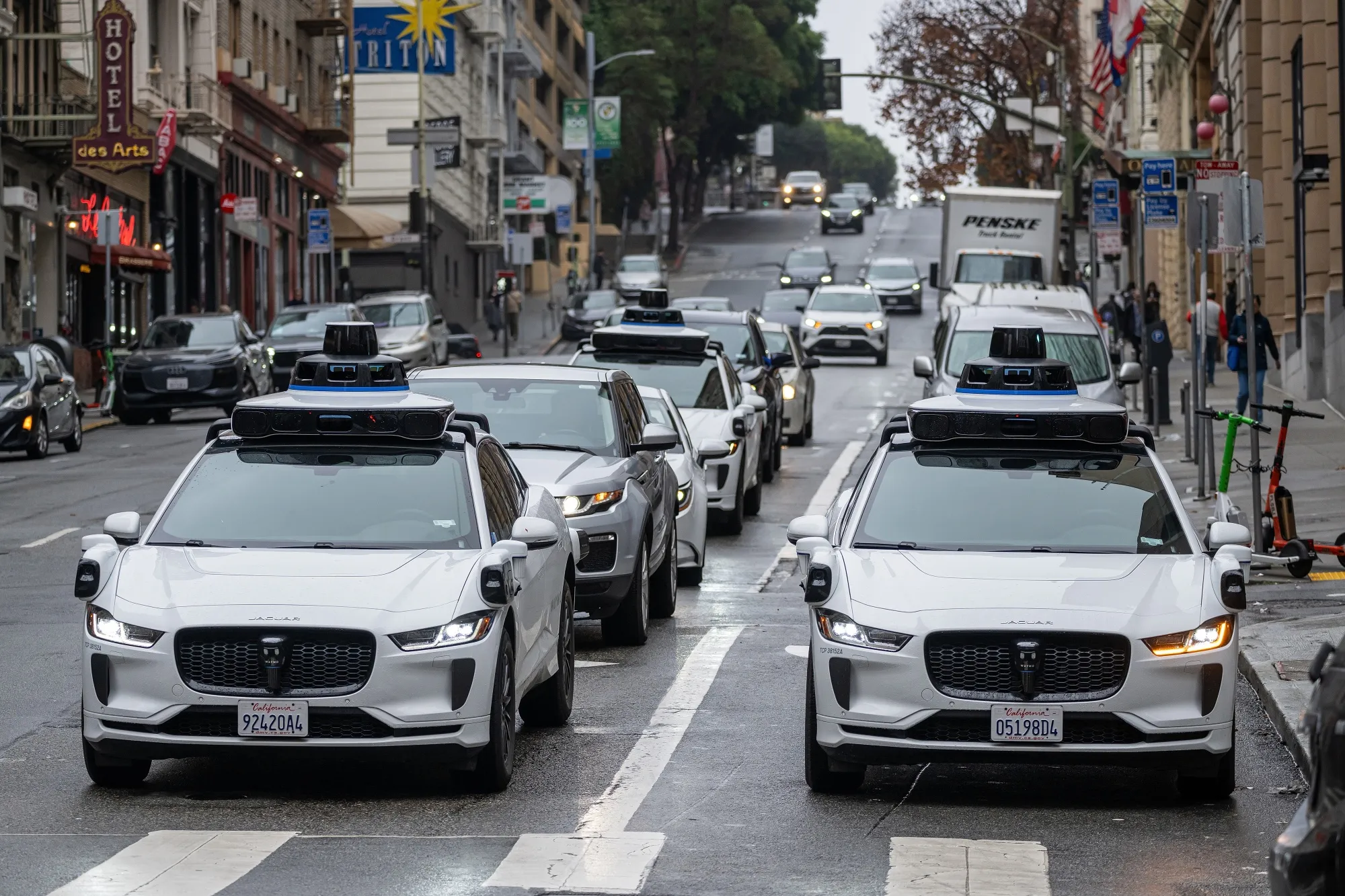 Waymo autonomous taxis earlier this month on Bush Street in San Francisco.