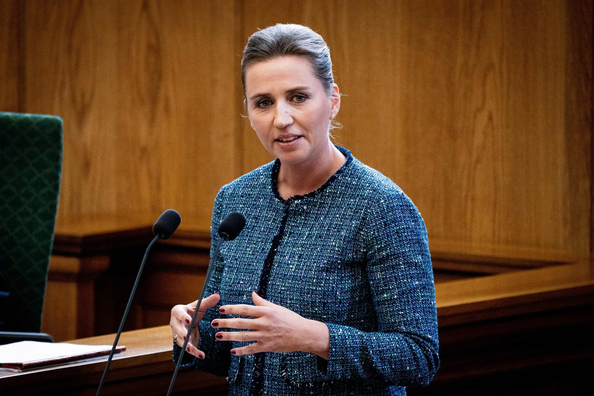 Mette Frederiksen speaks during the opening of Parliament in Copenhagen, on Oct. 1.&nbsp;