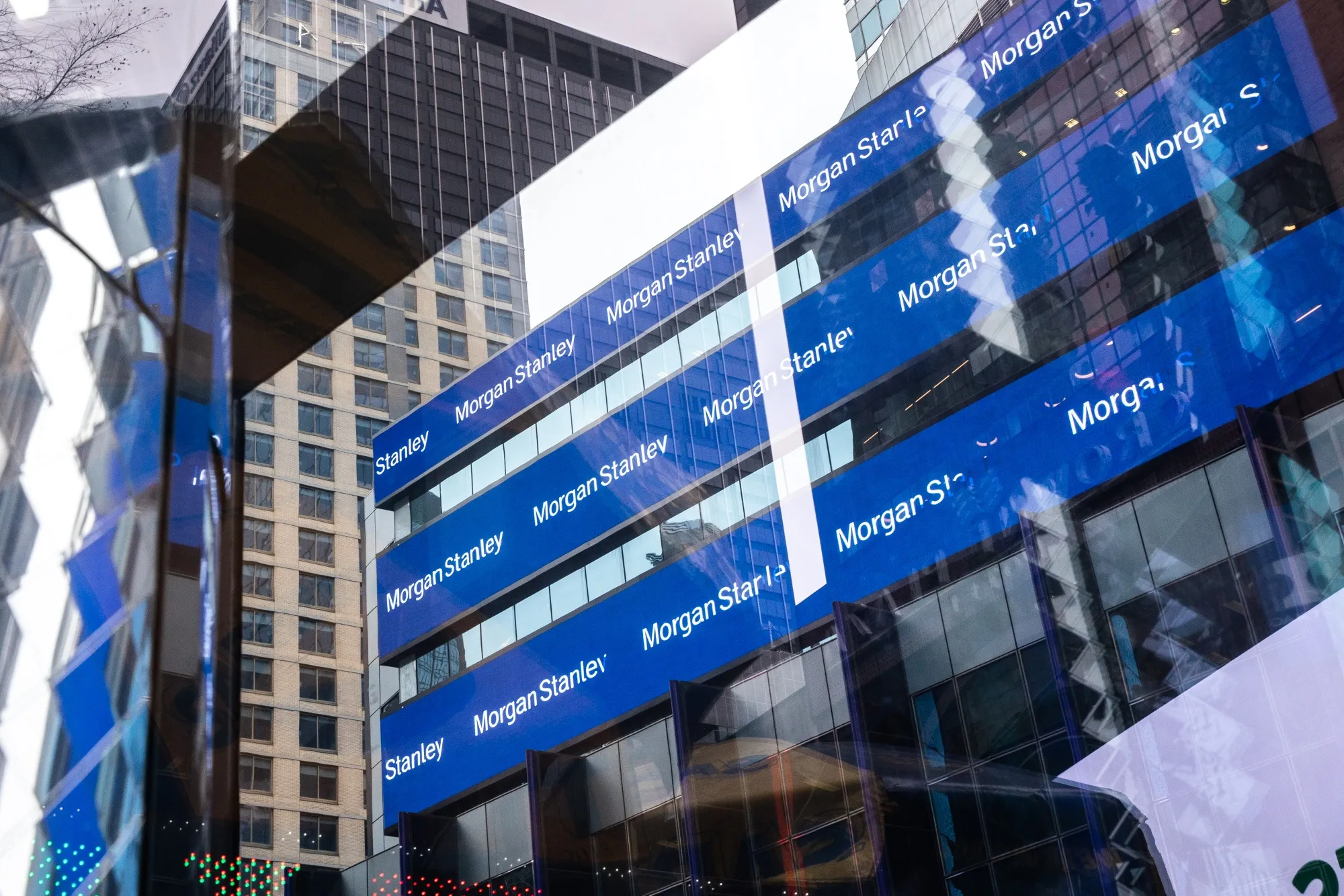 Signage outside of Morgan Stanley headquarters in New York, U.S.