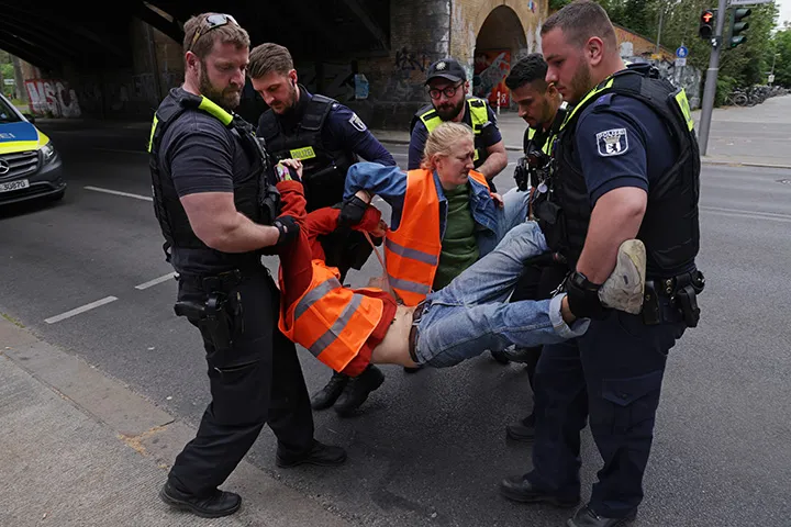 Police remove Letzte Generation activists who had blocked a road in Berlin, Germany,&nbsp;&nbsp;on May 23.