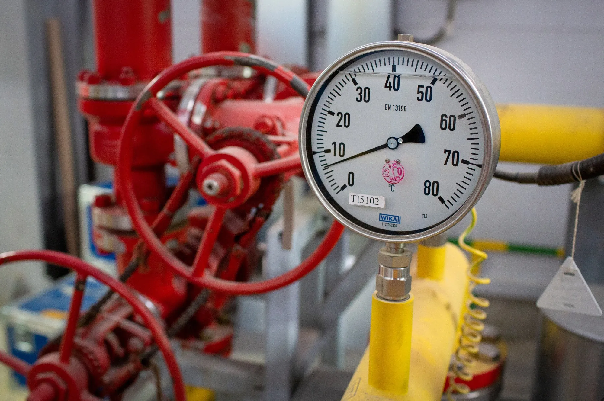 A pressure gauge on pipework at the Gazprom PJSC Slavyanskaya compressor station, the starting point of the Nord Stream 2 gas pipeline, in Ust-Luga, Russia.