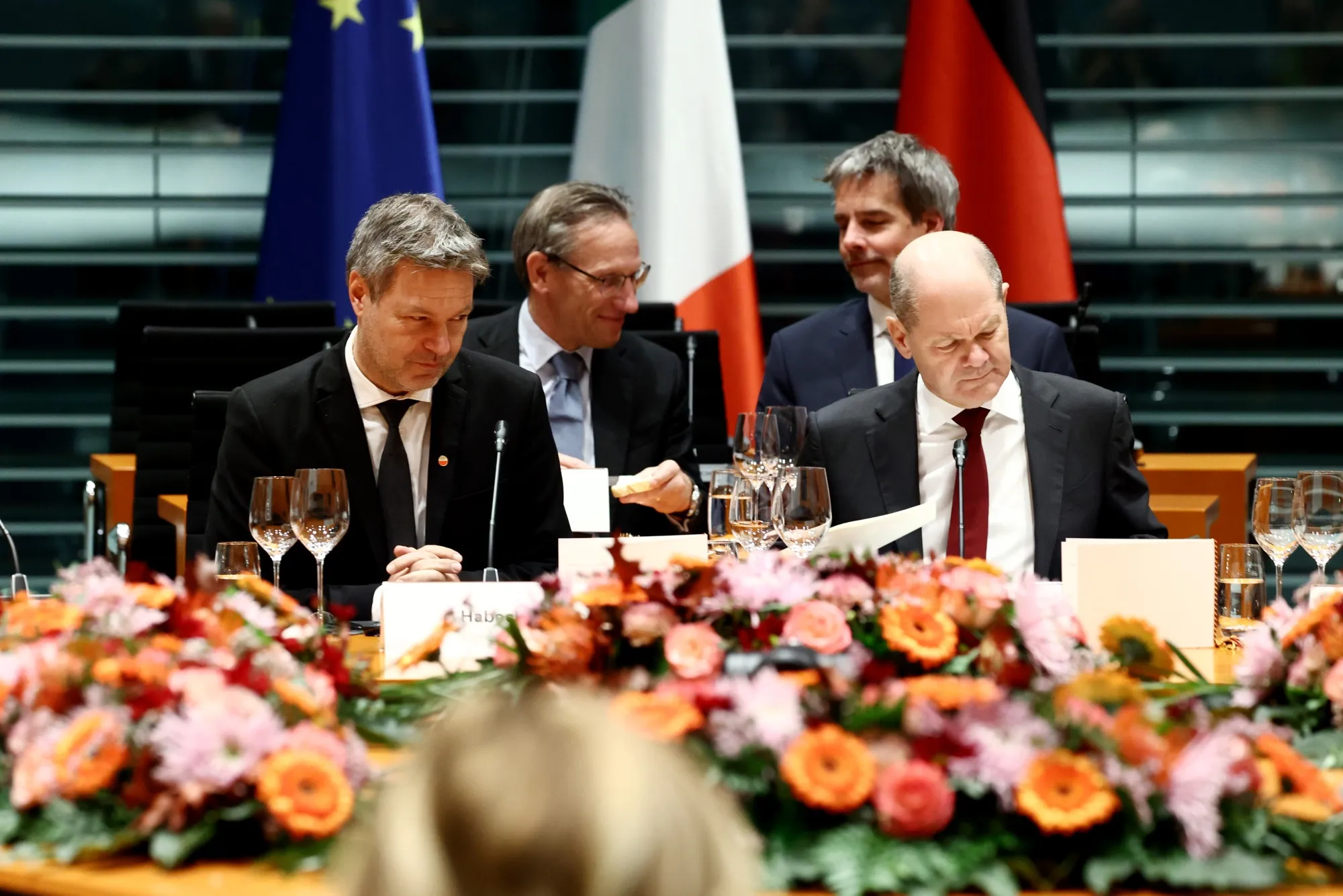 German Chancellor Olaf Scholz, right, sitting next to&nbsp;Economy and Climate Minister Robert&nbsp;Habeck.