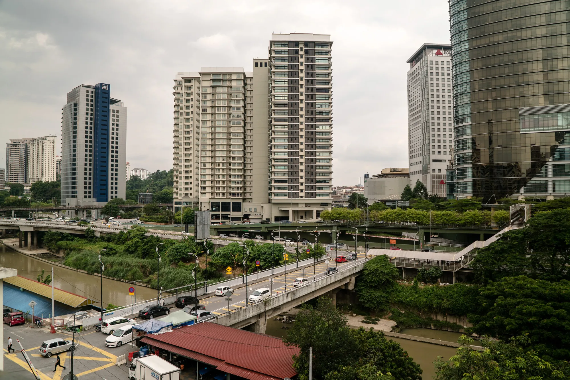 Residential apartment buildingsnear the Klang river in Kuala Lumpur.