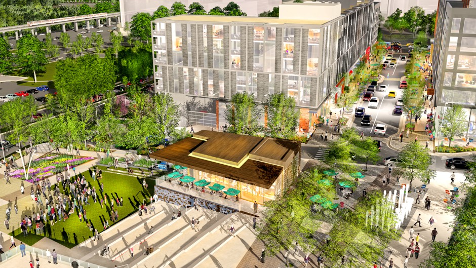 A rendering of The Boro, a transit-oriented development being built on the Washington Metro's Silver Line in Northern Virginia.