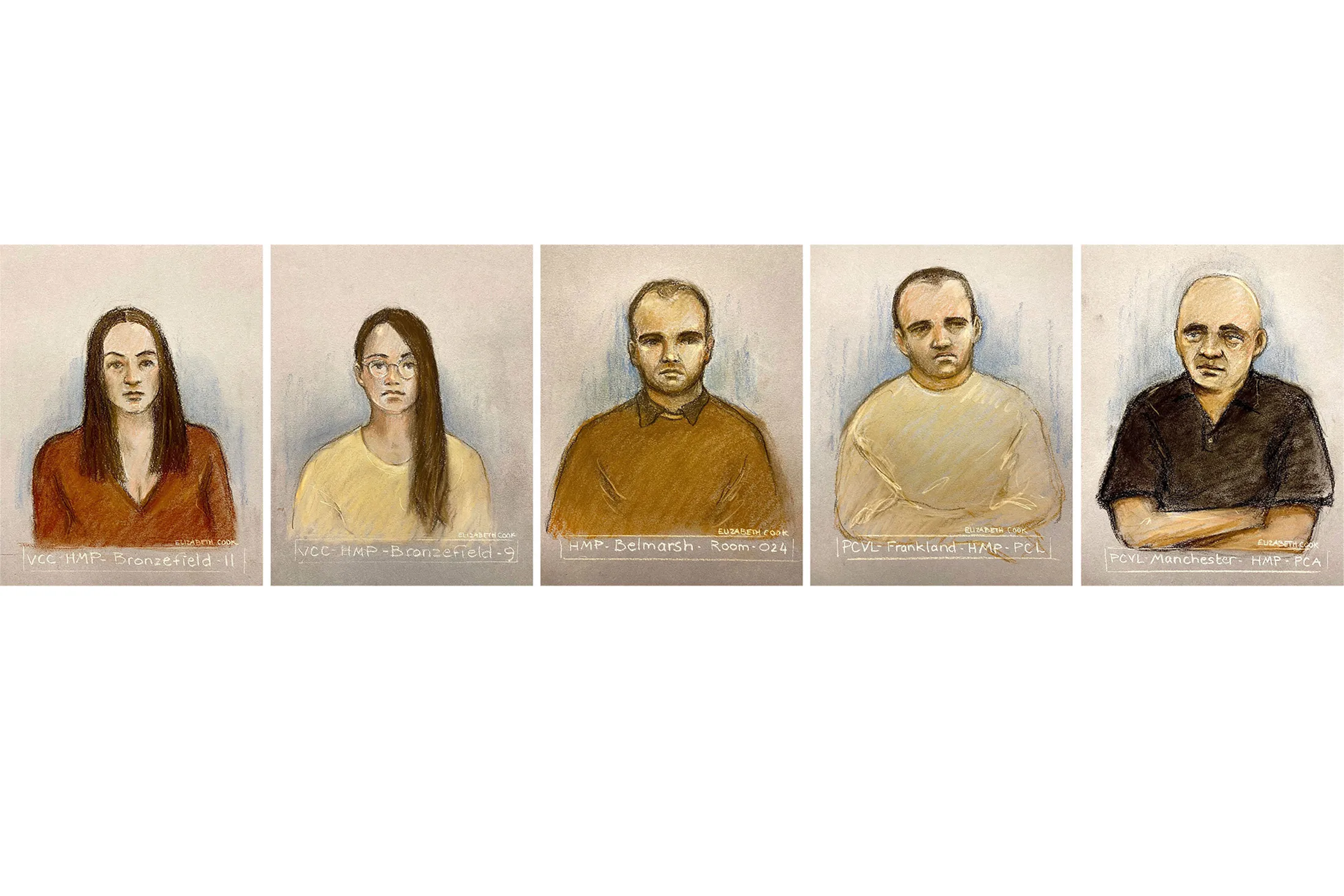 Court artist sketches&nbsp;of Bulgarian nationals, from left, Katrin Ivanova, Vanya Gaberova, Orlin Roussev, Ivan Stoyanov and Bizer Dzhambazov appearing via video link at Westminster Magistrates' Court, London,&nbsp;on&nbsp;Sept. 26, 2023.