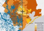 How Houston homeownership rates overlap with Harvey-induced floods. 