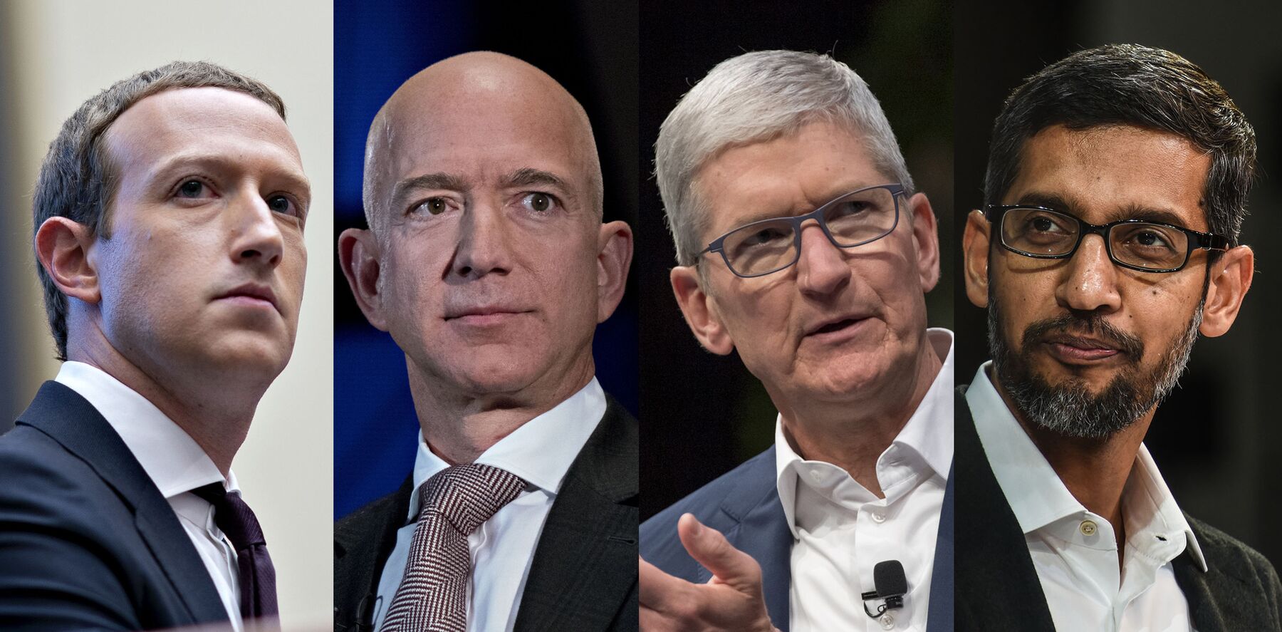 Mark Zuckerberg, Jeff Bezos, Tim Cook, and Sundar Pichai