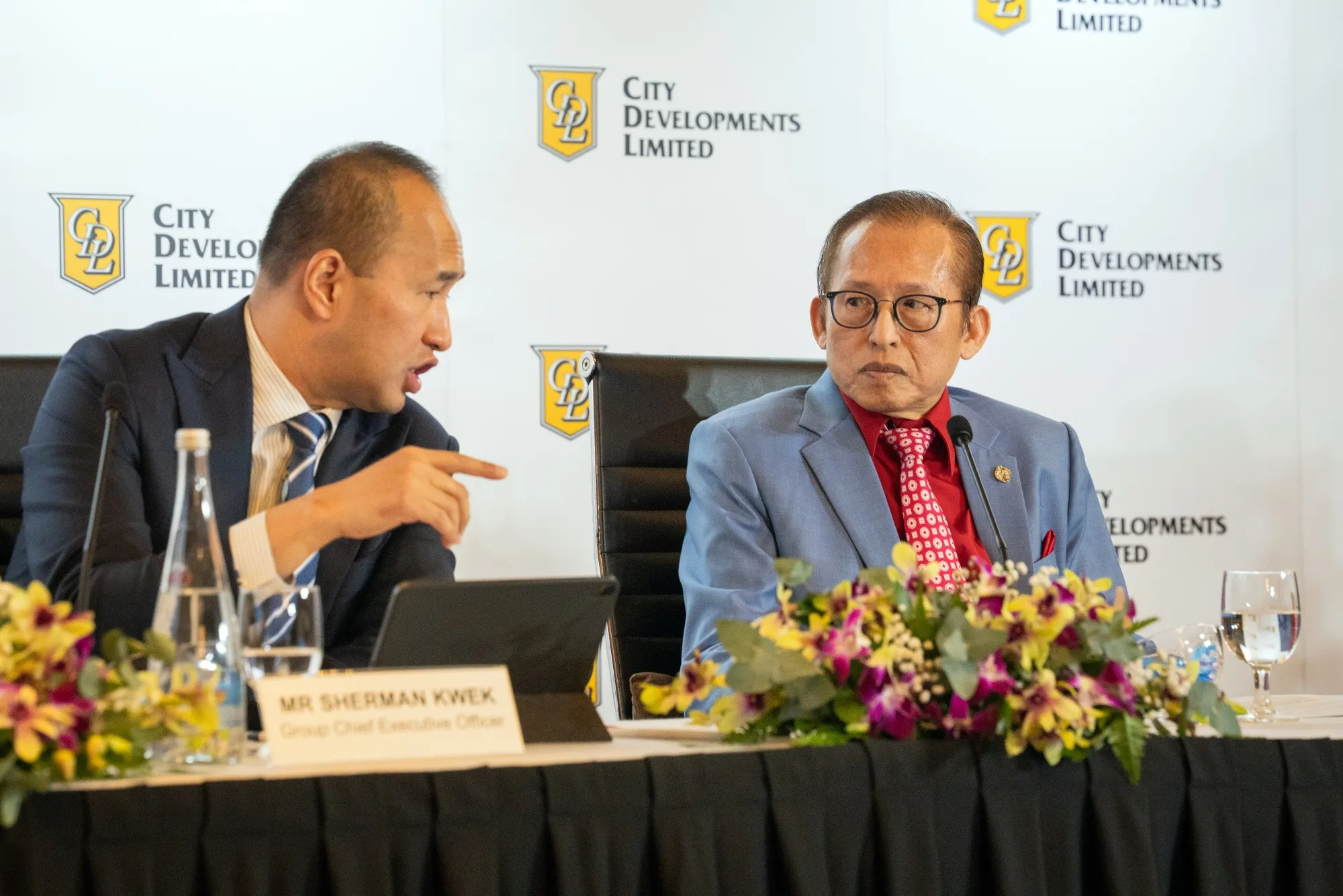 Kwek Leng Beng, chairman of City Developments Ltd., right, and Sherman Kwek, during a news conference in Singapore, in 2025.