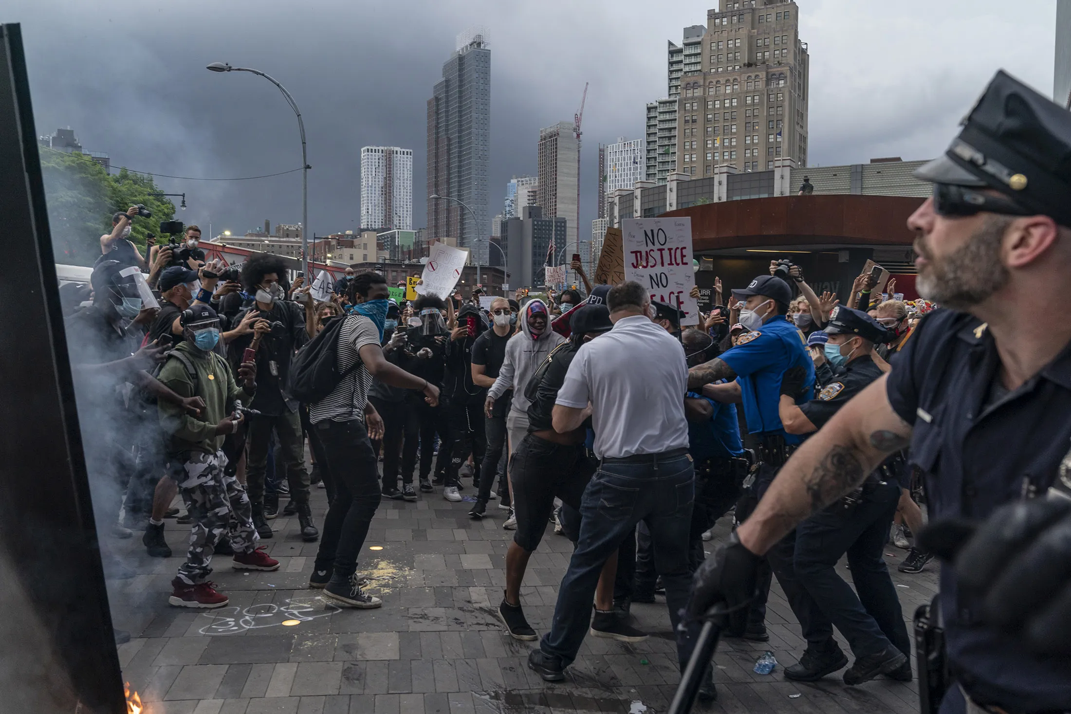 Protesters clash with police officers,&nbsp;during&nbsp;a rally held against the police killing of George Floyd in Minneapolis, at Barclays Center in New York&nbsp;on May 29.
