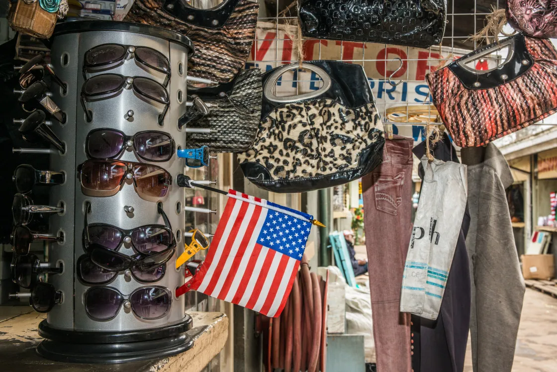 An American flag and other merchandise on a market&nbsp;in Nairobi, Kenya.