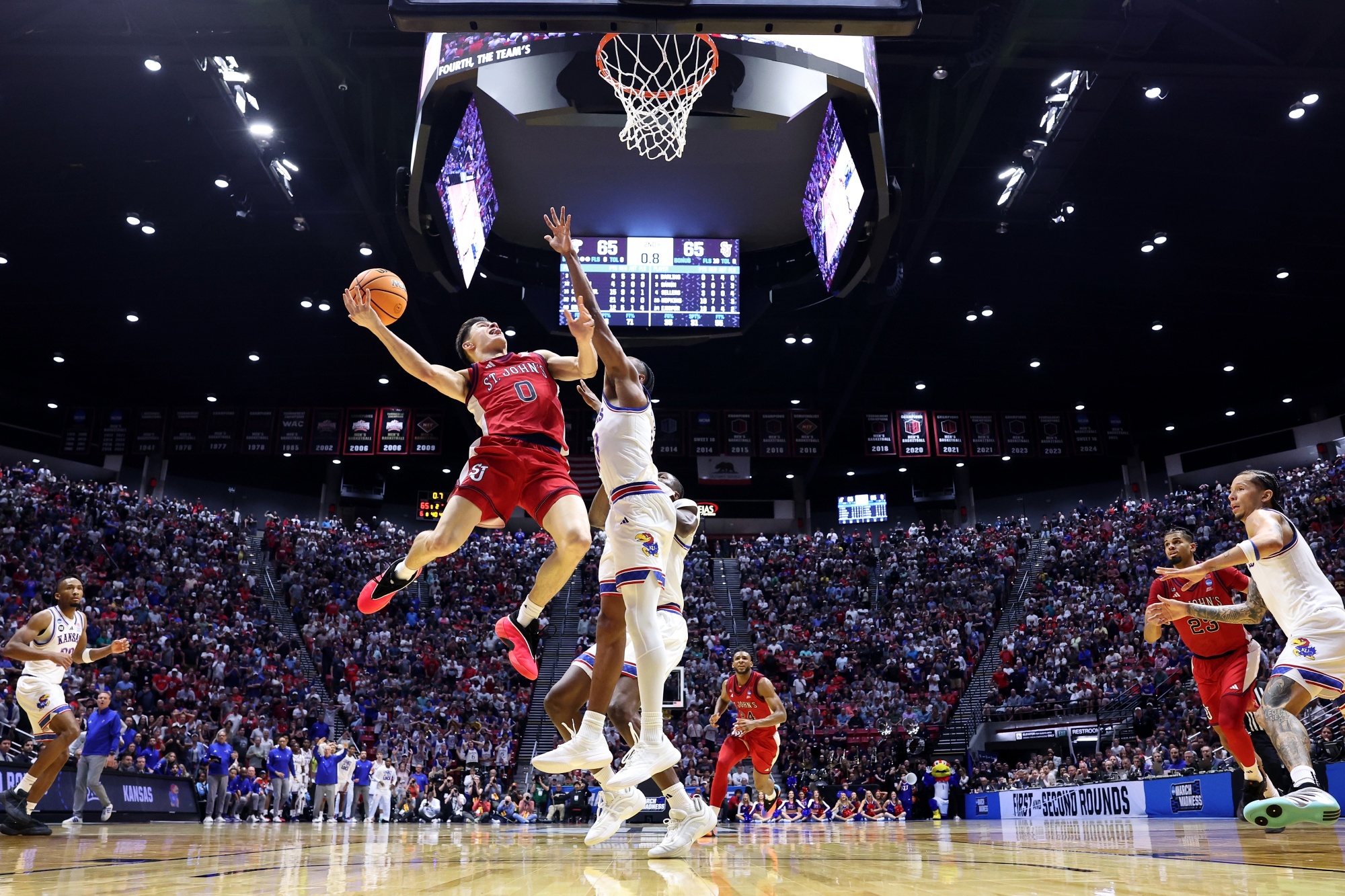 Action during the St. John's Red Storm and Kansas Jayhawks game during the 2026 NCAA Men's Basketball Tournament at Viejas Arena in San Diego on March 22. 