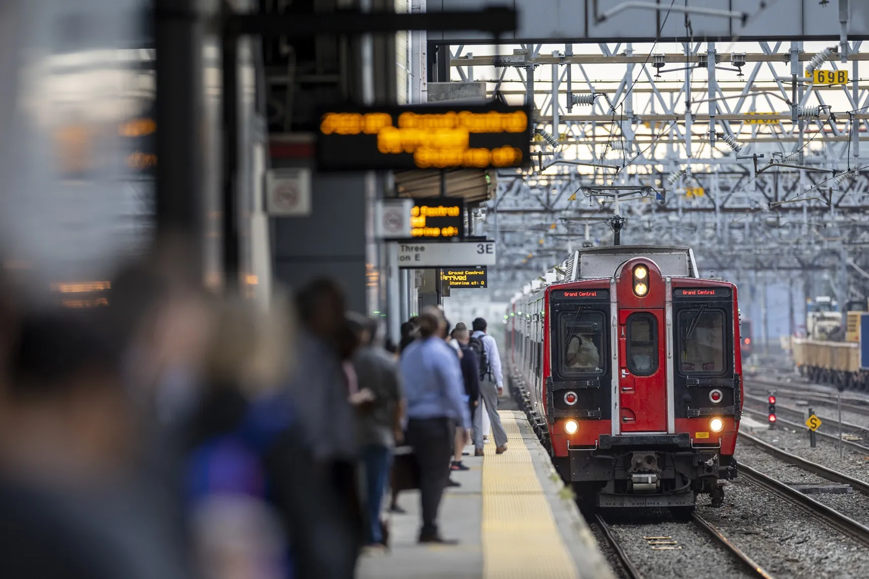 A Metro-North train approaches the Stamford Transportation Center in Stamford, Connecticut.&nbsp;
