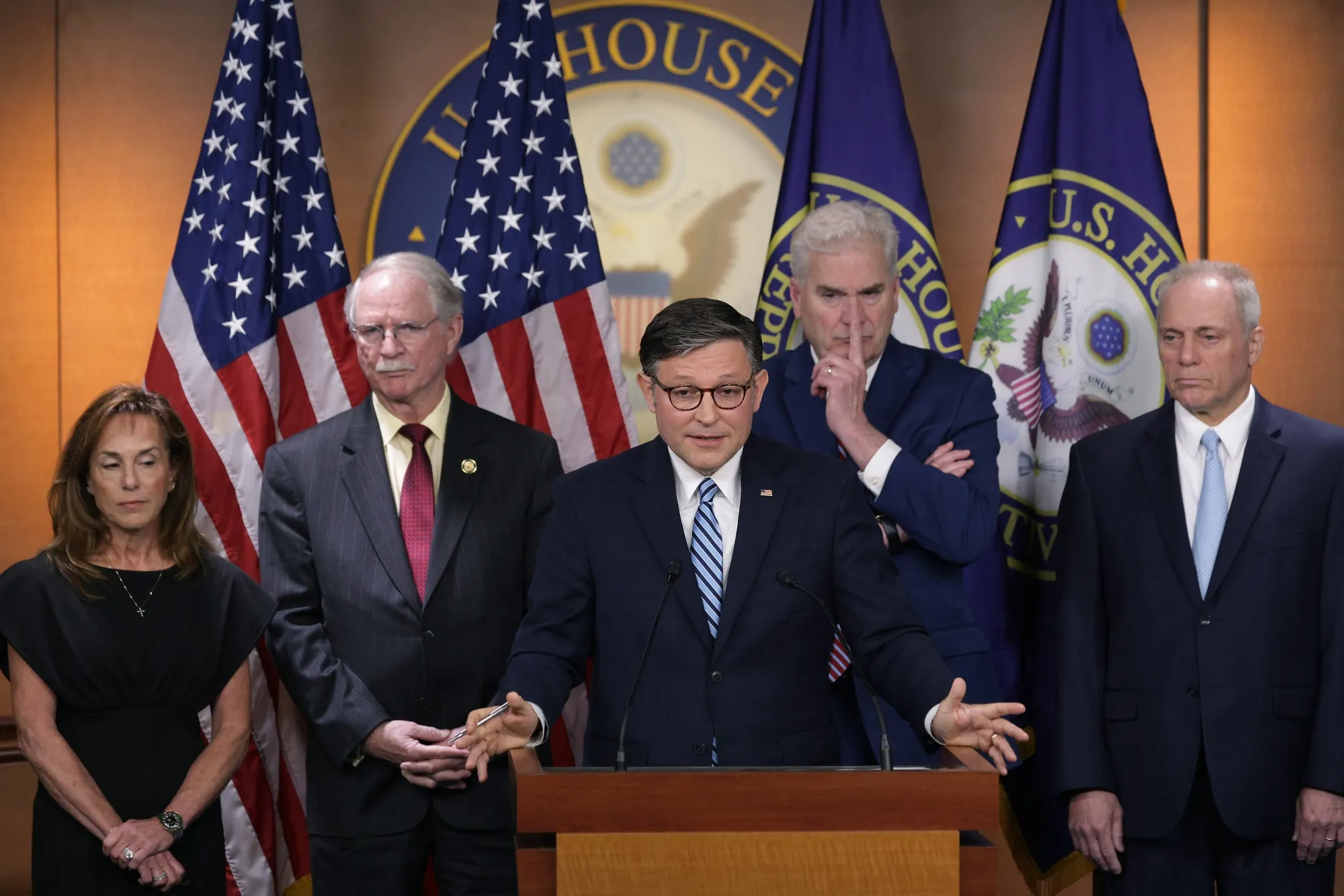 Mike Johnson speaks as Lisa McClain, from left, John Rutherford, Tom Emmer and Steve Scalise listen during a news conference at the US Capitol in Washington, DC, on May 14.