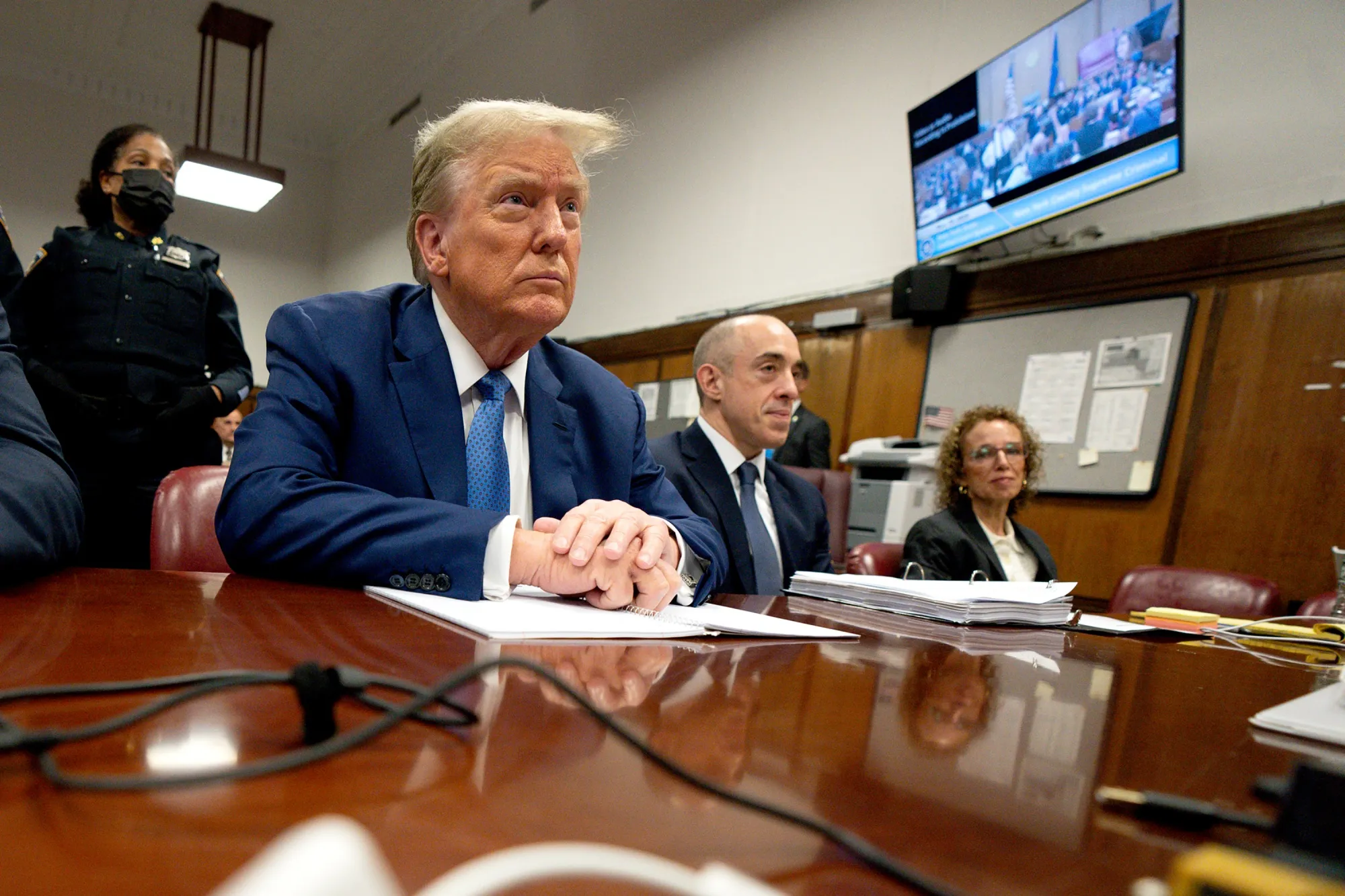 Donald Trump, from left, attorneys Emil Bove and Susan Necheles at Manhattan criminal court in New York on May 20, 2024.