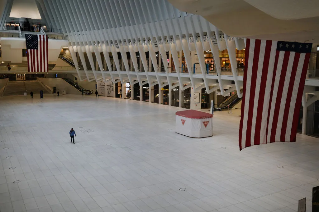 The Oculus transportation hub and mall stands nearly deserted in lower Manhattan.