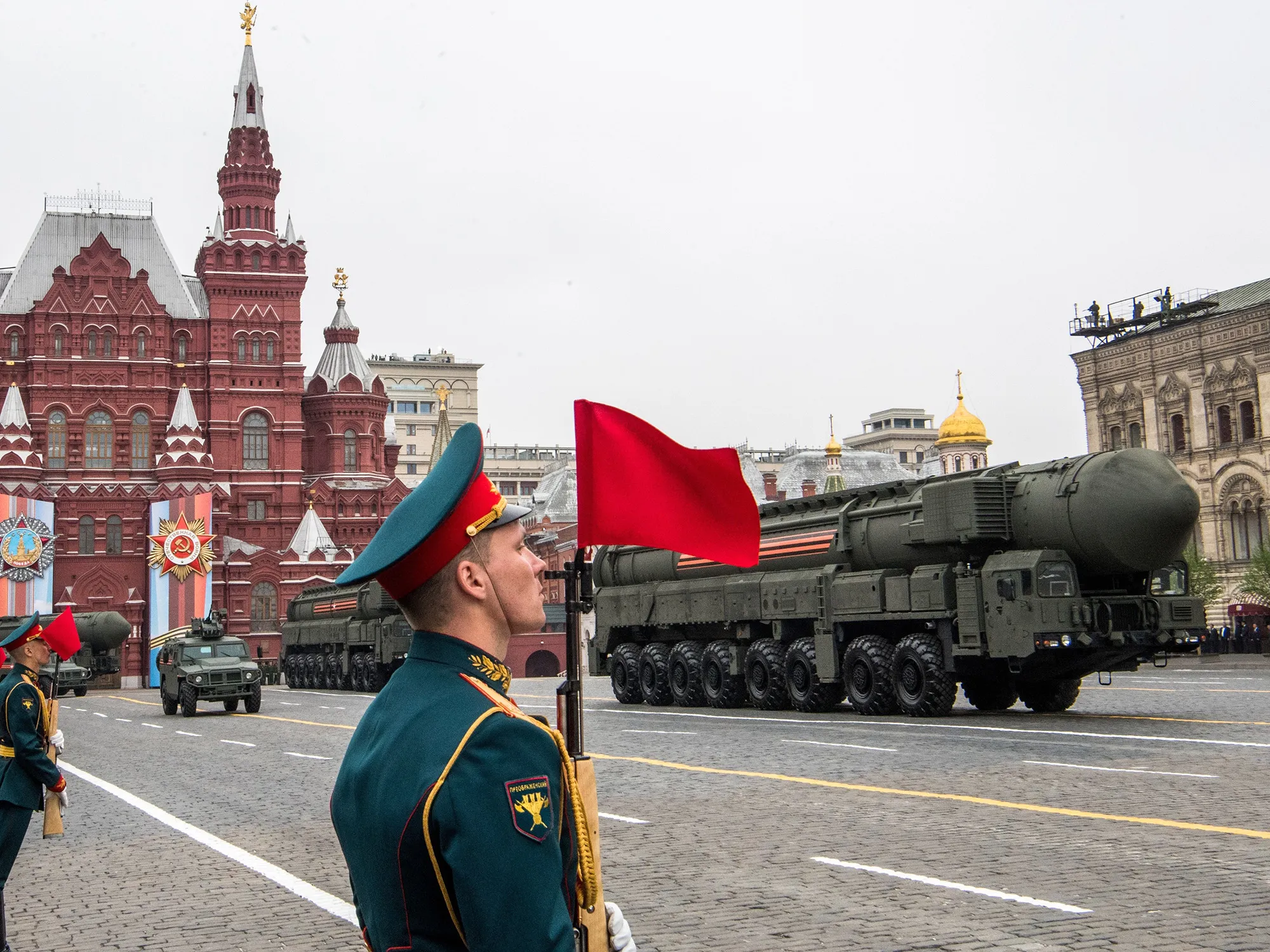 Russian Yars RS-24 intercontinental ballistic missile systems roll through Red Square during the Victory Day military parade in downtown Moscow.