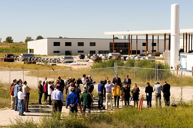 Missouri Attorney General Chris Koster announces felony charges against former Mamtek U.S. CEO Bruce Cole outside the failed business in Moberly, Mo., on Sept. 18