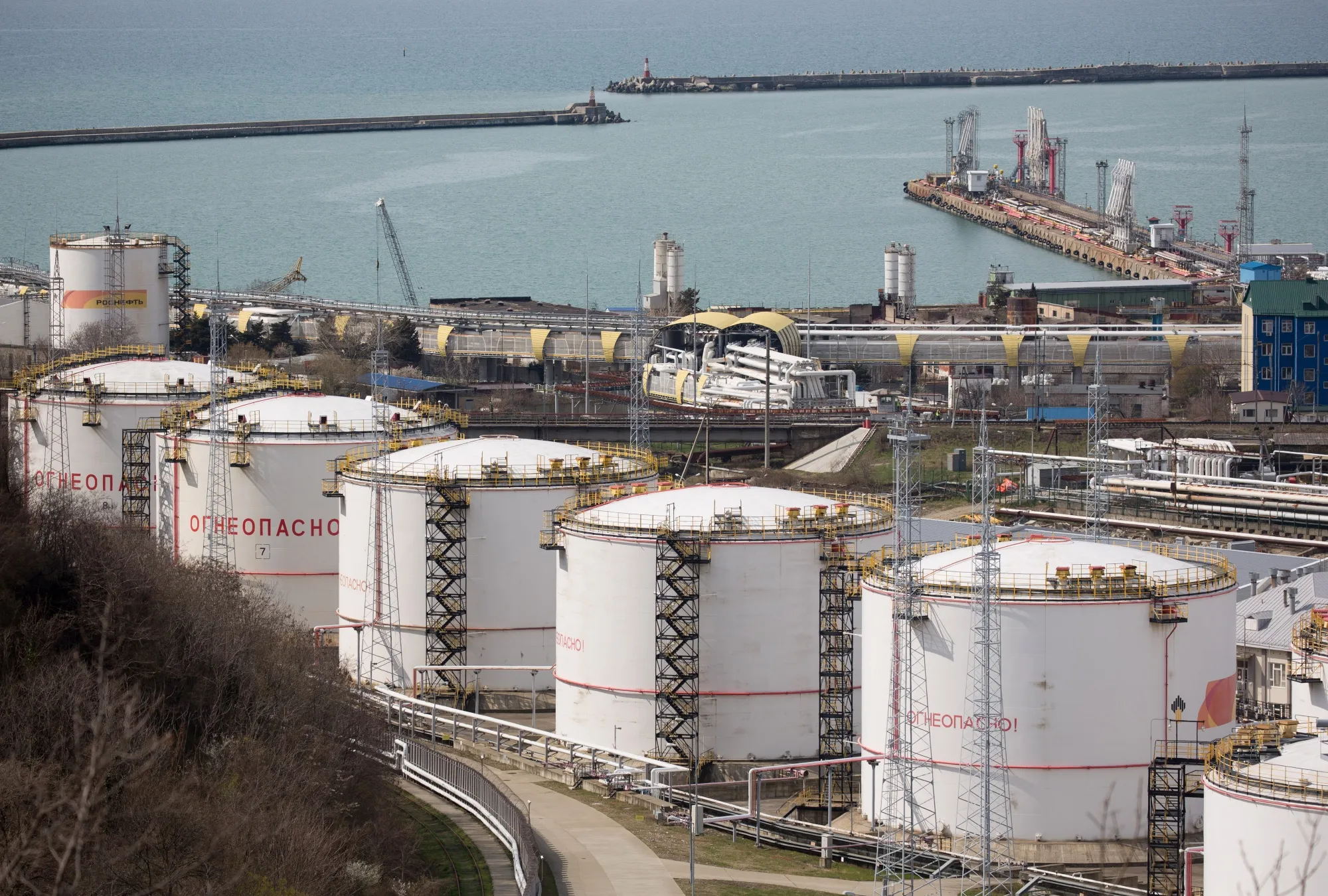 Oil storage tanks at a refinery in Tuapse, Russia.