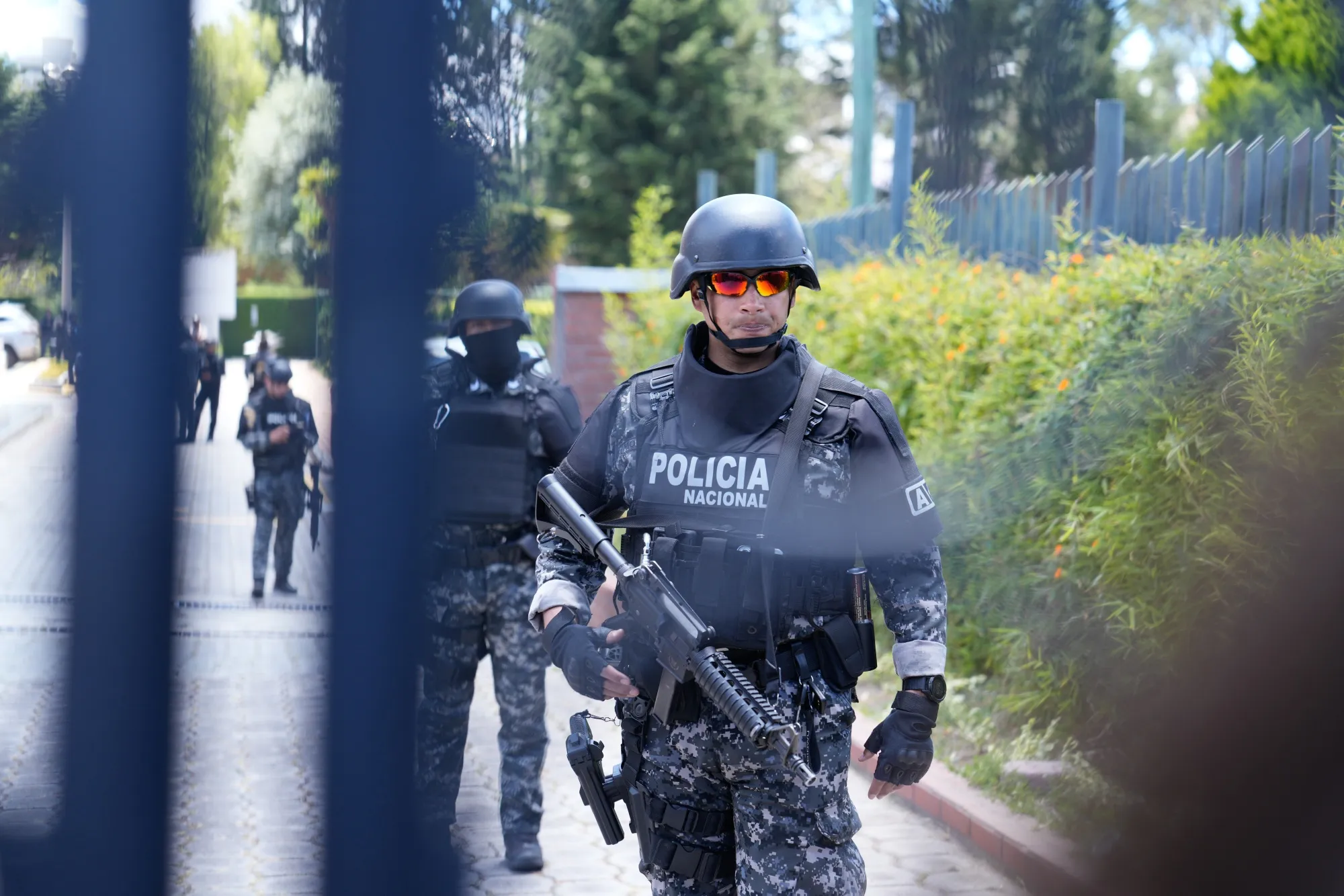 Police outside the funeral home where the late presidential candidate Fernando Villavicencio's remains were taken in Quito, on Aug. 10.