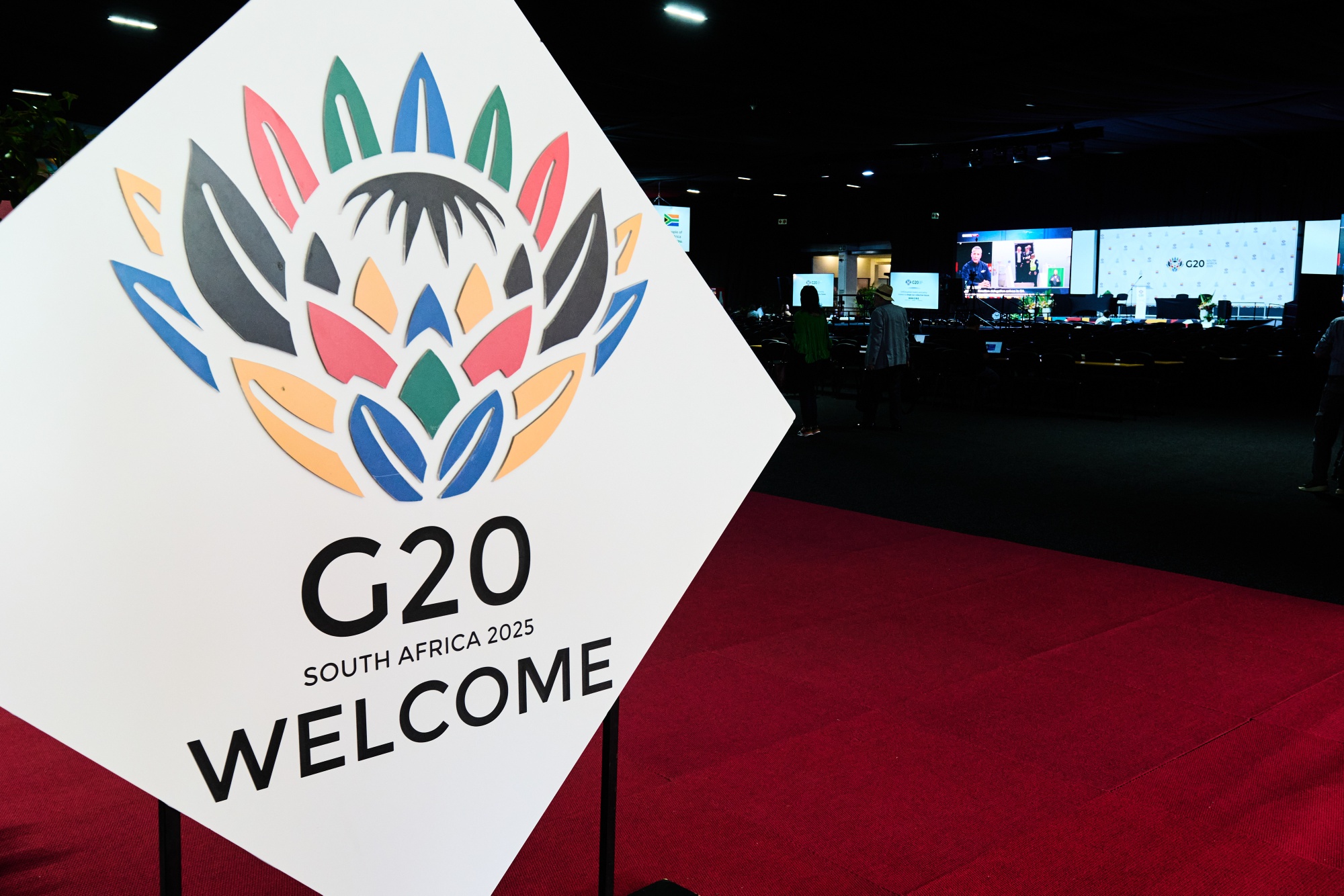 A G-20 Summit logo at the Nasrec Expo Centre during&nbsp;the G-20 Summit in Johannesburg.