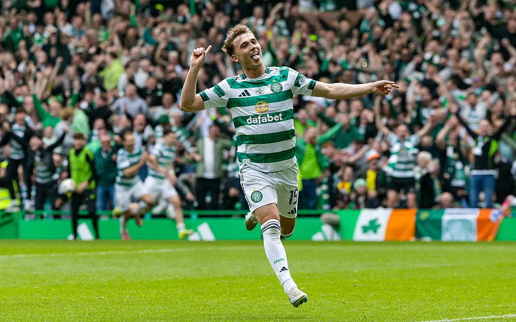 Celtic's Callum Osmand celebrates scoring to make it 3-1 during a Premiership match between Celtic and Heart of Midlothian at Celtic Park, Glasgow on May 16.