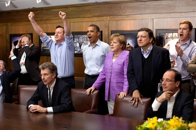 Prime Minister David Cameron, President Barack Obama, Chancellor Angela Merkel, Jose Manuel Barroso, and others watch the overtime shootout of the Chelsea vs. Bayern Munich Champions League final during the G8 Summit
