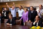 Prime Minister David Cameron, President Barack Obama, Chancellor Angela Merkel, Jose Manuel Barroso, and others watch the overtime shootout of the Chelsea vs. Bayern Munich Champions League final during the G8 Summit&#13;
