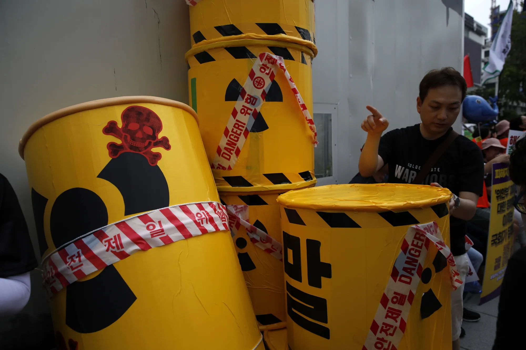 Demonstrators gather during a protest against Japan's plan to release treated wastewater from the Fukushima nuclear disaster site into the Pacific Ocean in Seoul, South Korea, on Saturday, July 8, 2023.