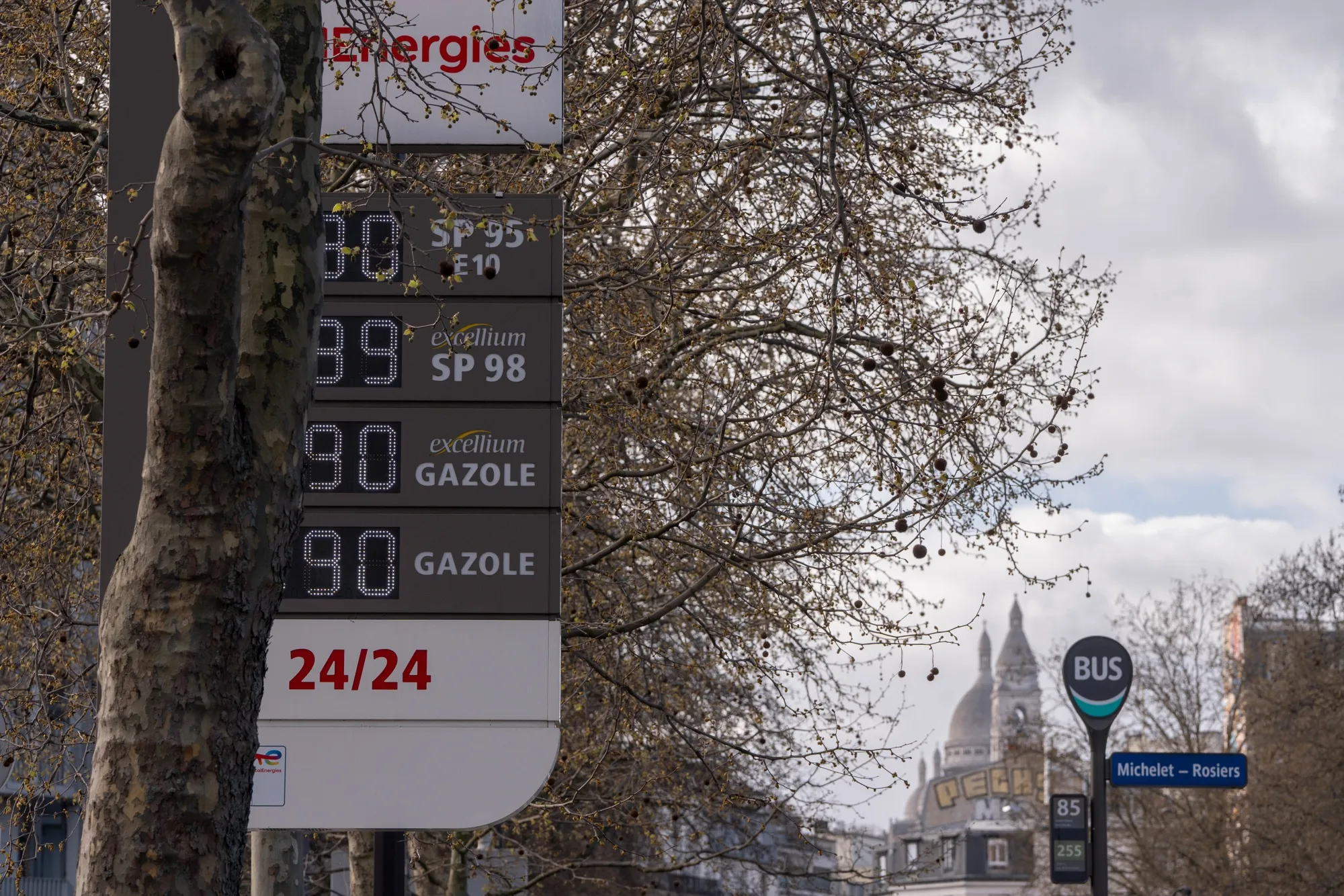 Fuel price signs at a Total gas station in Paris.